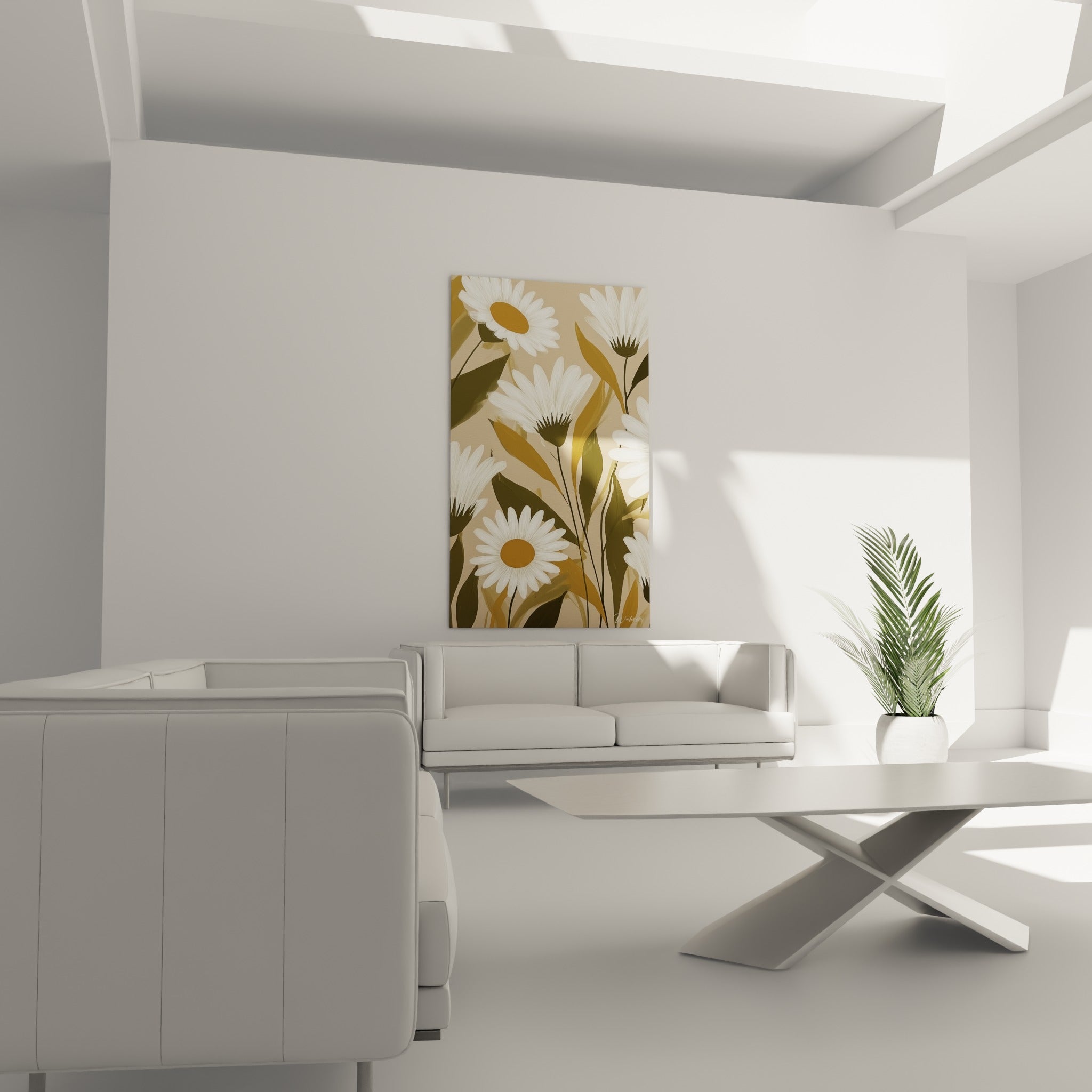 Fleurs de marguerite blanches et tiges ocre au-dessus d'un canapé dans un salon lumineux