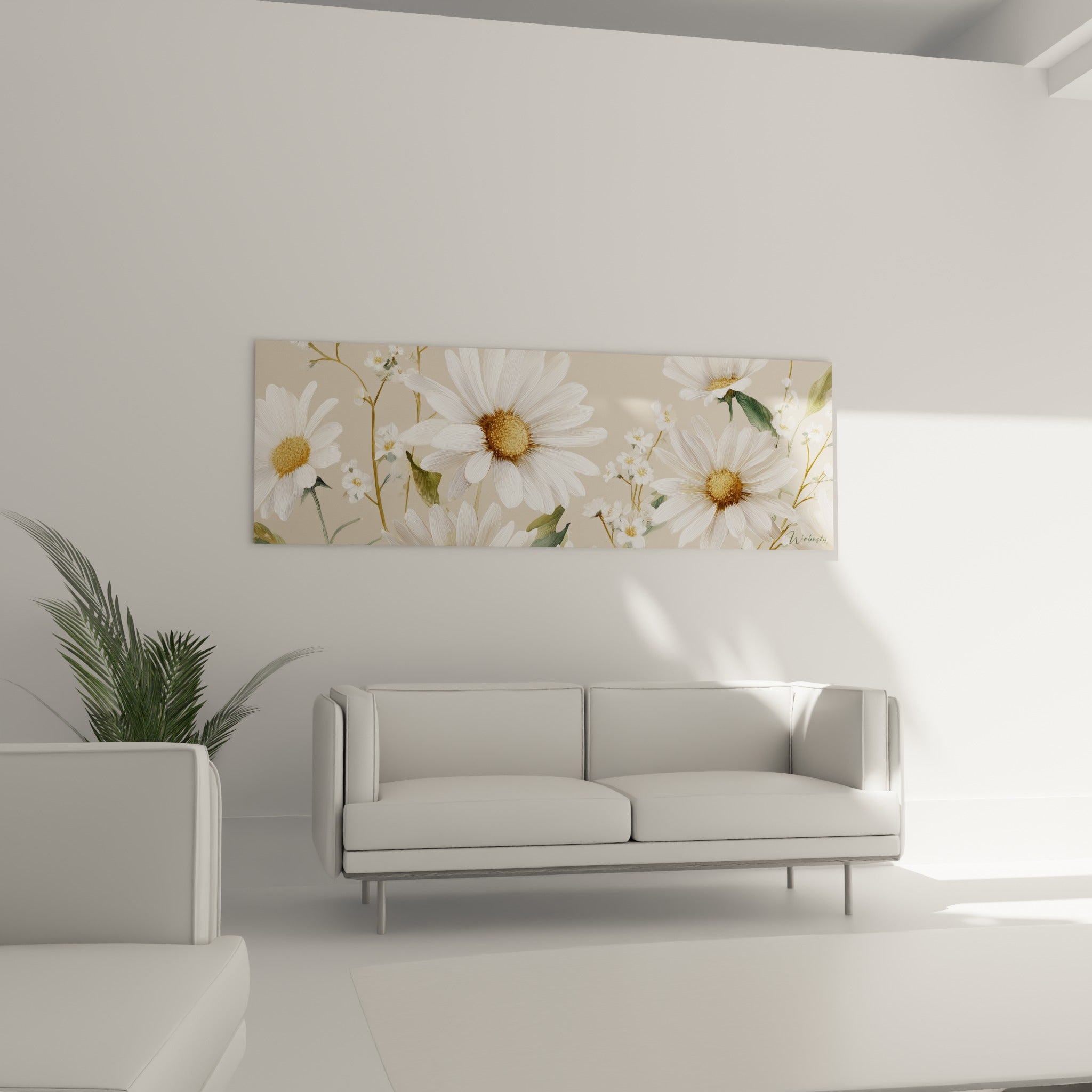 Pétales de marguerite blanche et feuillage vert olive, tableau au-dessus d'un canapé dans un salon lumineux