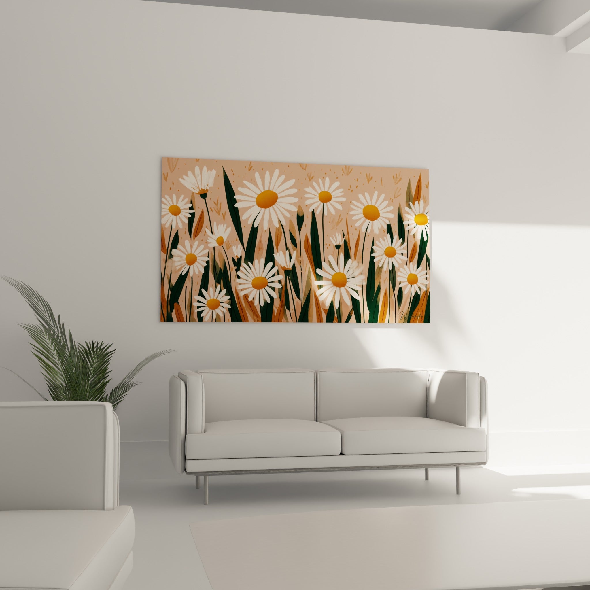 Fleurs de marguerites blanches et feuilles vert sapin sur fond ocre, au-dessus d'un canapé dans un salon lumineux
