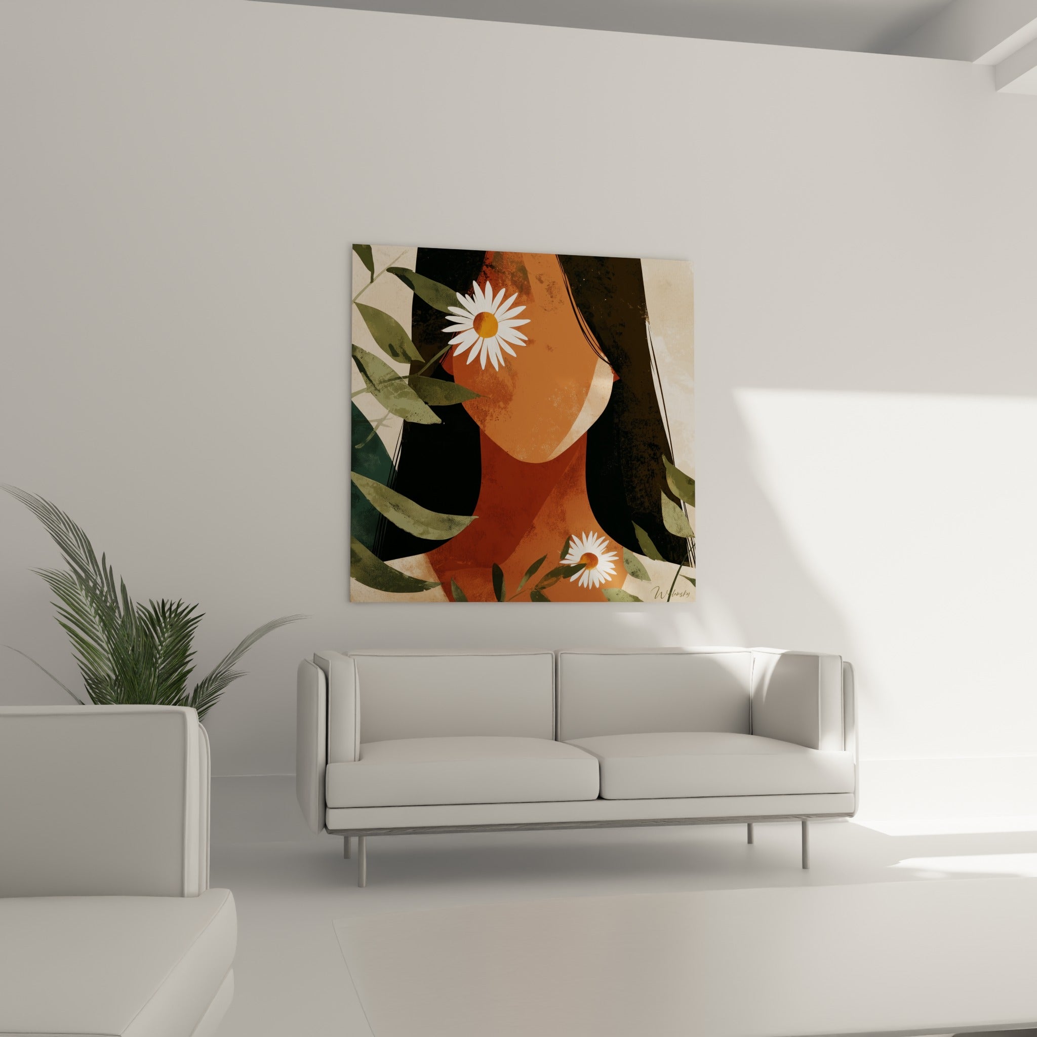 Feuillage vert sauge et peau terracotta illustrés en aplats graphiques, au-dessus d'un canapé dans un salon lumineux