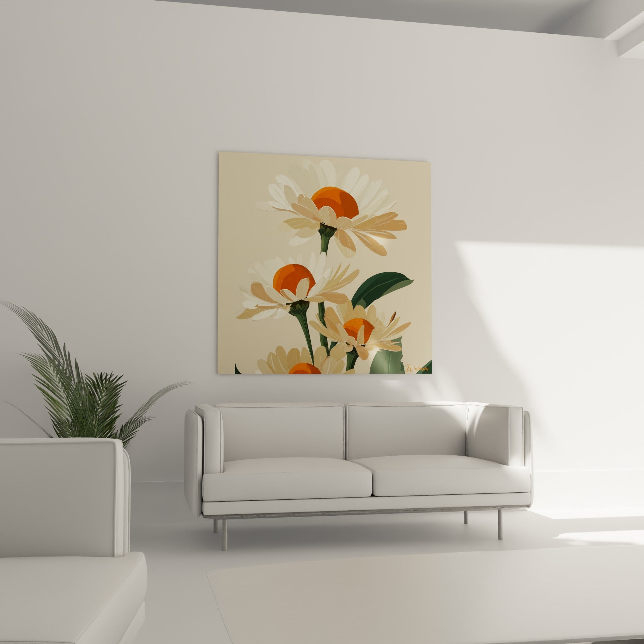 Fleurs de marguerite crème aux centres orange vif, au-dessus d'un canapé dans un salon lumineux