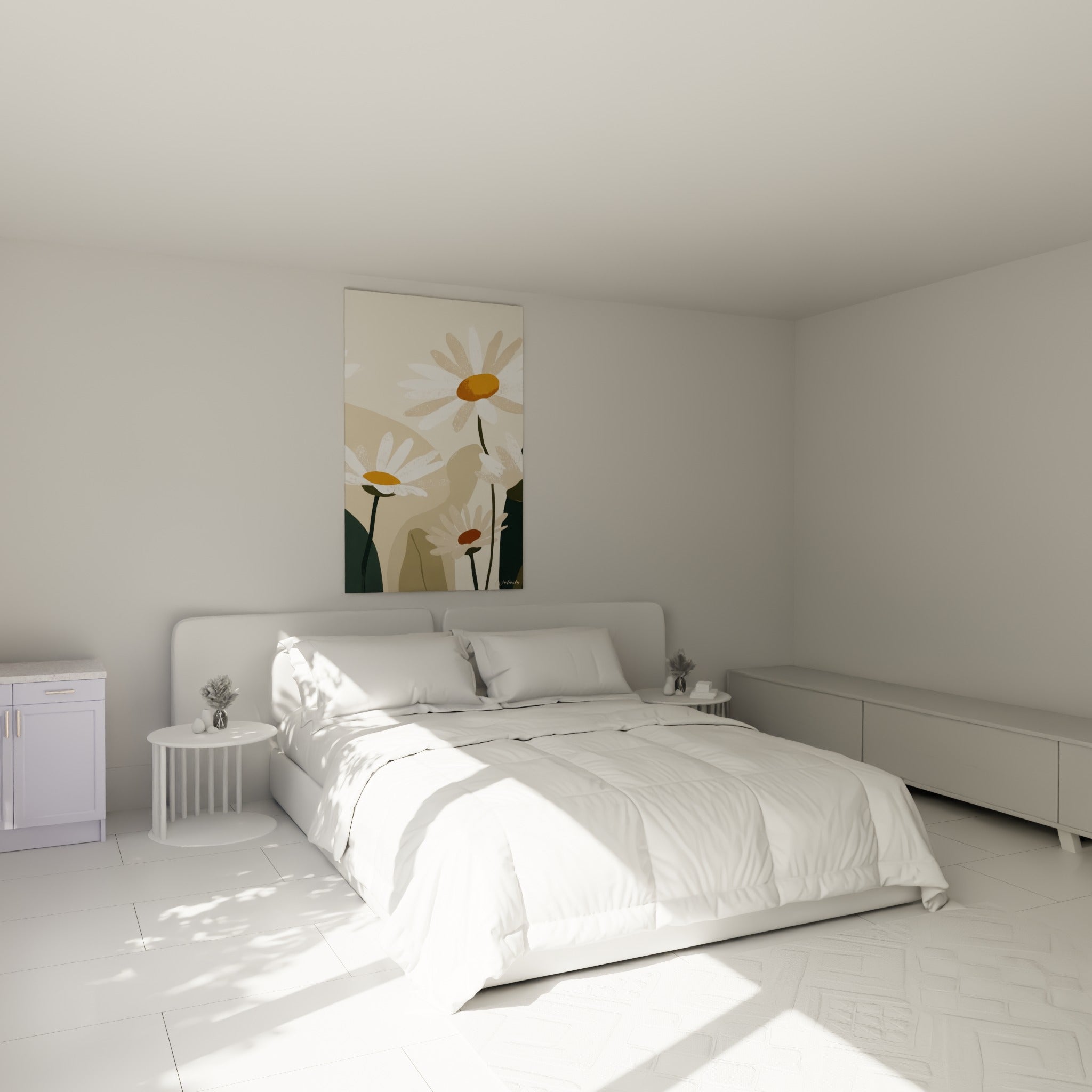 Marguerites blanches et orangées peintes en aplats, accrochées au-dessus d'un lit dans une chambre claire