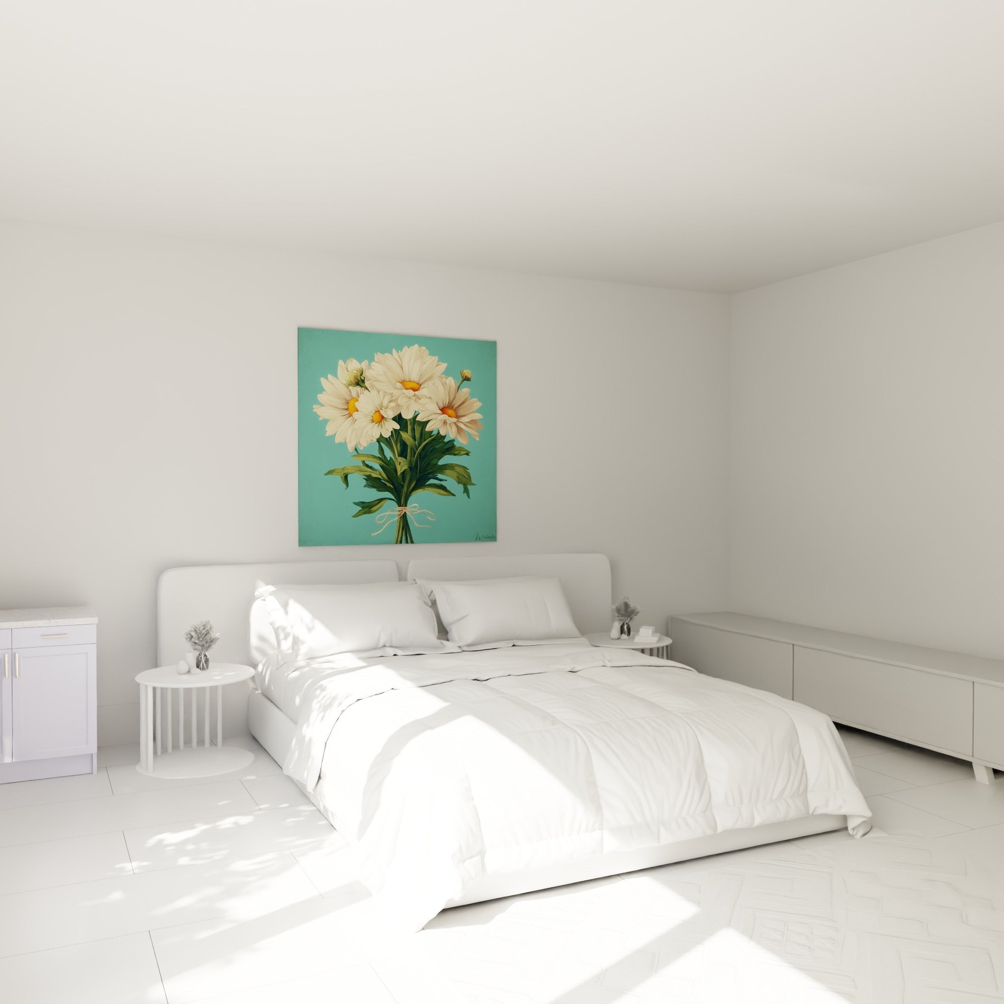 Marguerites blanches et vertes composées en bouquet, accrochées au-dessus d'un lit dans une chambre claire