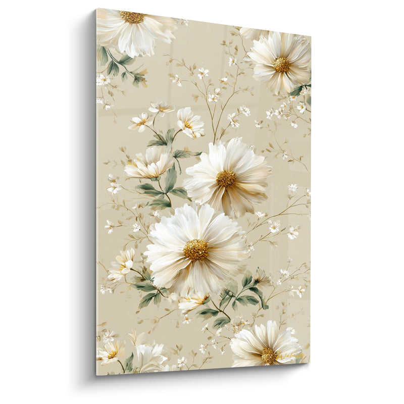 Tableau Marguerites blanches et beige aux fines fleurs éparses - Feuillage vert olive - Edition Marguerite