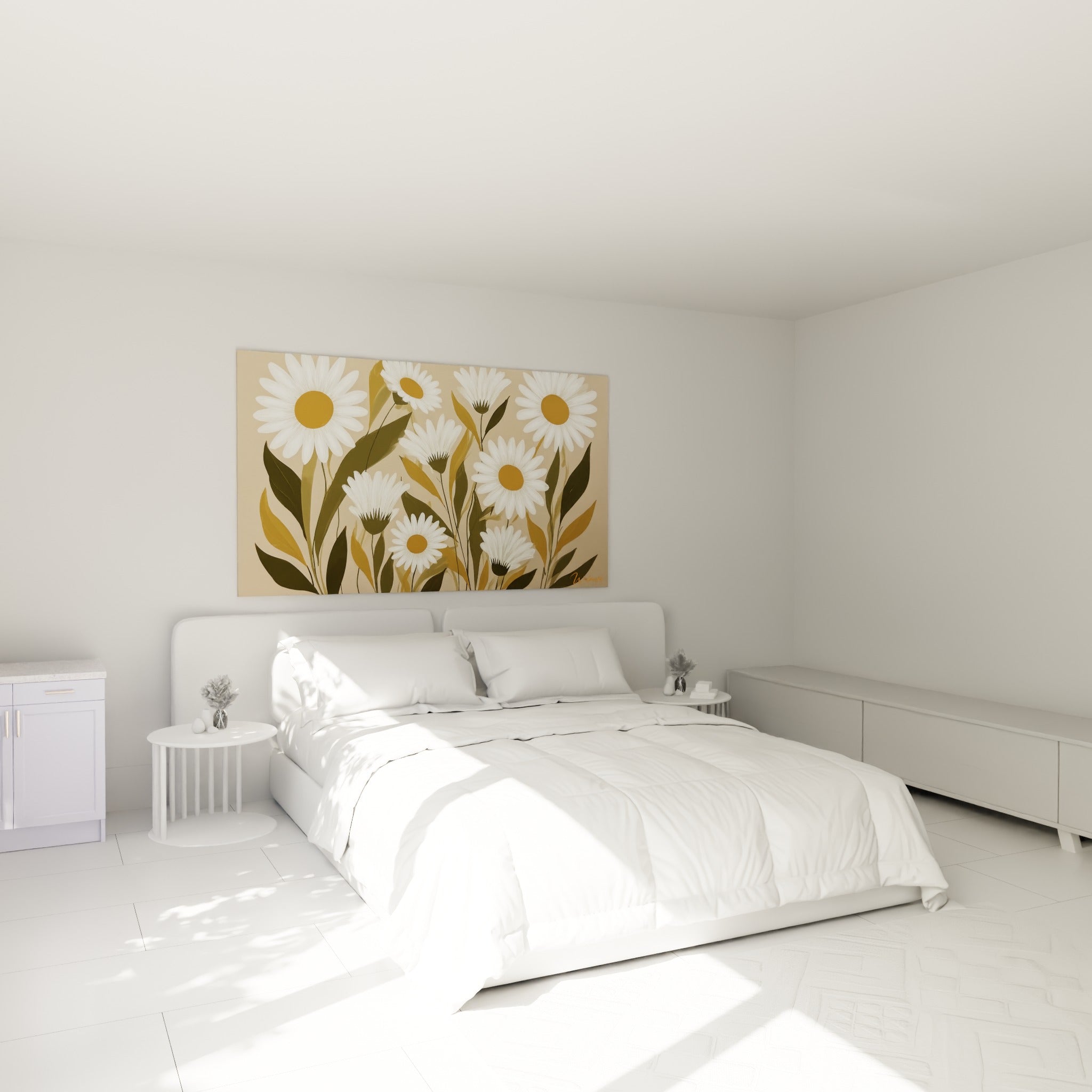 Bouquet de marguerites blanches et ocre au-dessus d'un lit dans une chambre claire