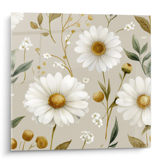Marguerites blanches aux cœurs dorés sur fond beige, motif floral peint à l'aquarelle