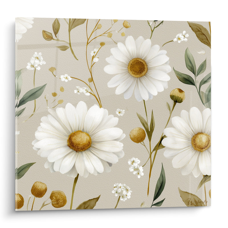 Tableau Marguerites blanches et dorées aux boutons ronds - Fleurs de gypsophile éparses - Edition Marguerite