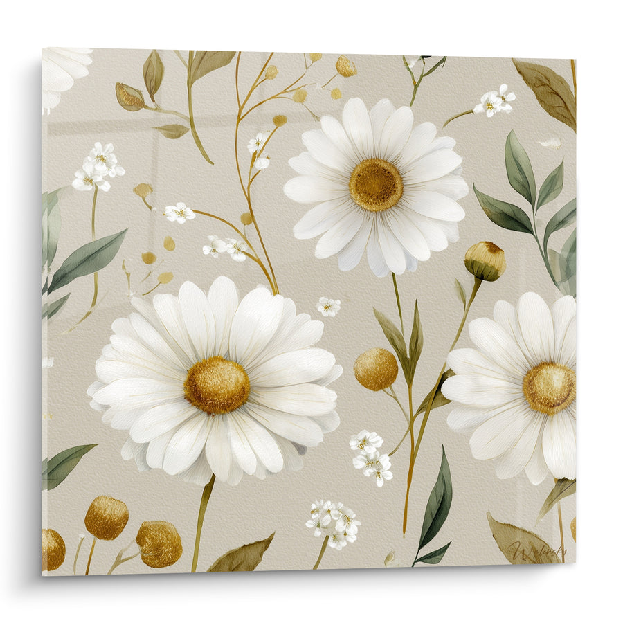 Tableau Marguerites blanches et dorées aux boutons ronds - Fleurs de gypsophile éparses - Edition Marguerite