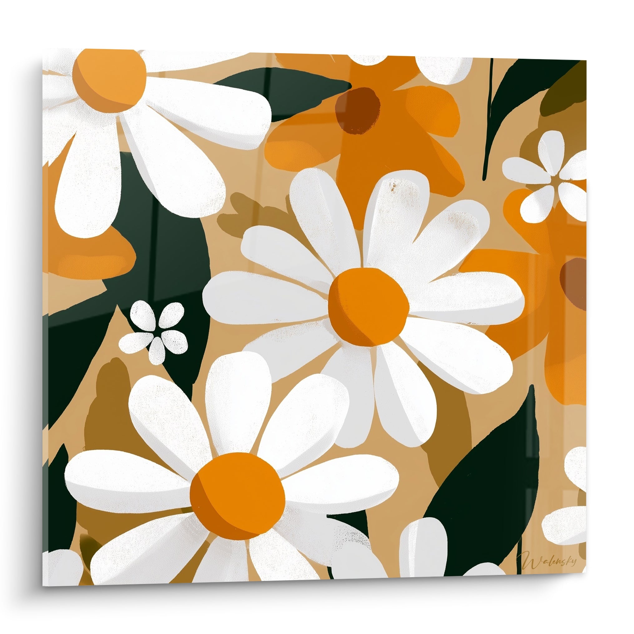 Marguerites blanches aux cœurs orange vif sur fond ocre, style graphique et feuillage vert sapin