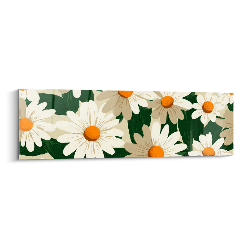 Tableau Marguerites blanches et vertes aux feuillages larges superposés - Cœurs orange vif - Edition Marguerite