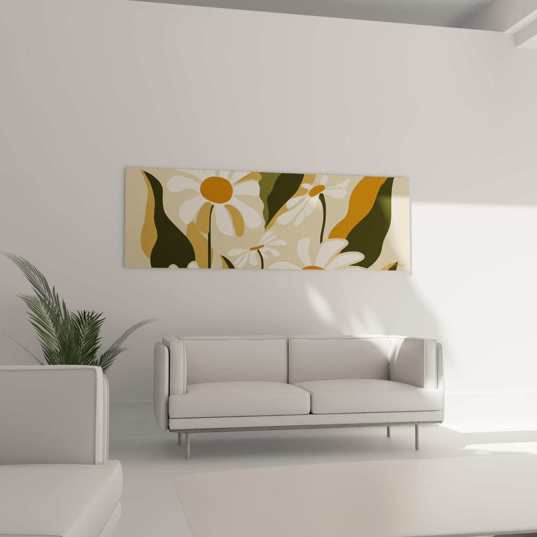 Pétales blancs et feuilles vert olive de la marguerite stylisée, au-dessus d'un canapé dans un salon lumineux