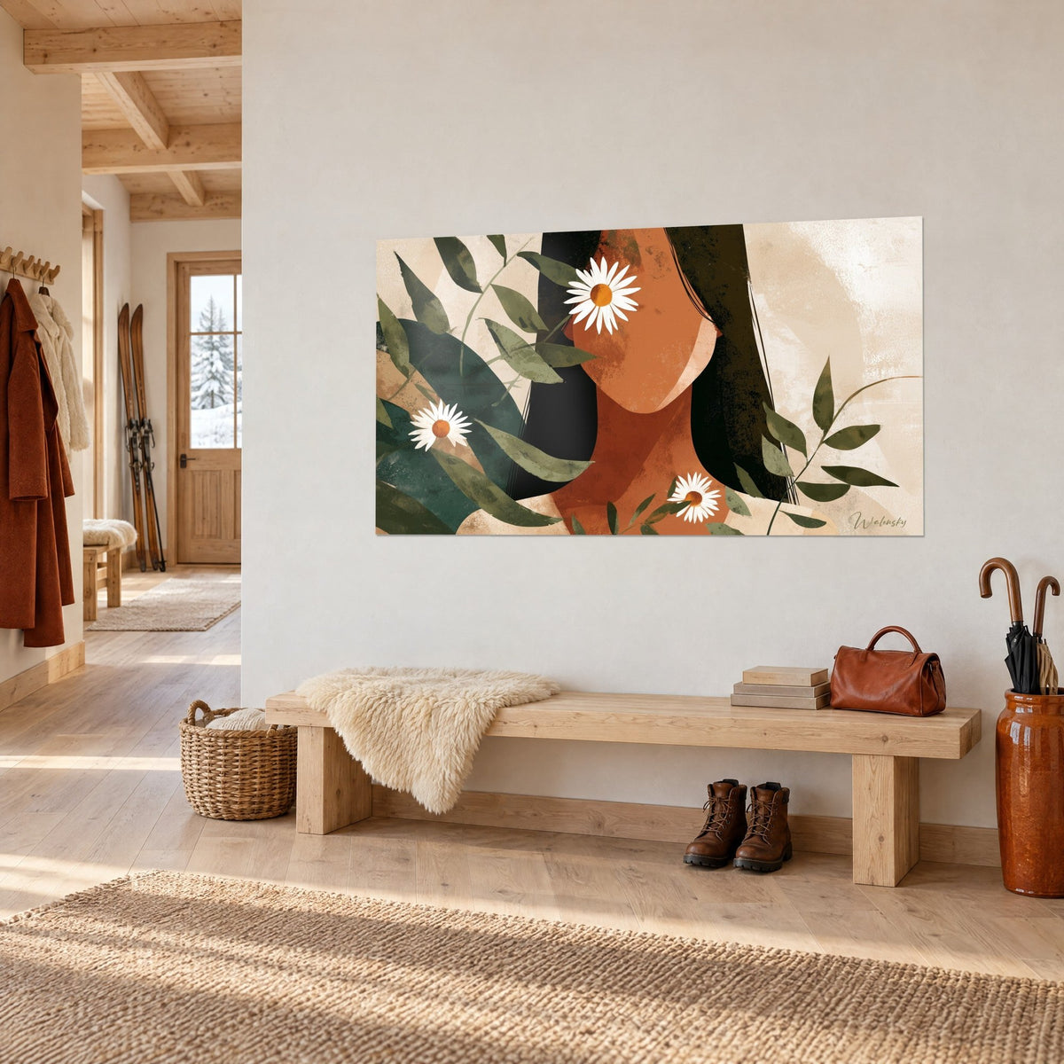 Quadro di ritratto senza volto in ocra rossa, rametti di eucalipto verde abete e una margherita bianca, appeso sopra una panca di legno di uno chalet