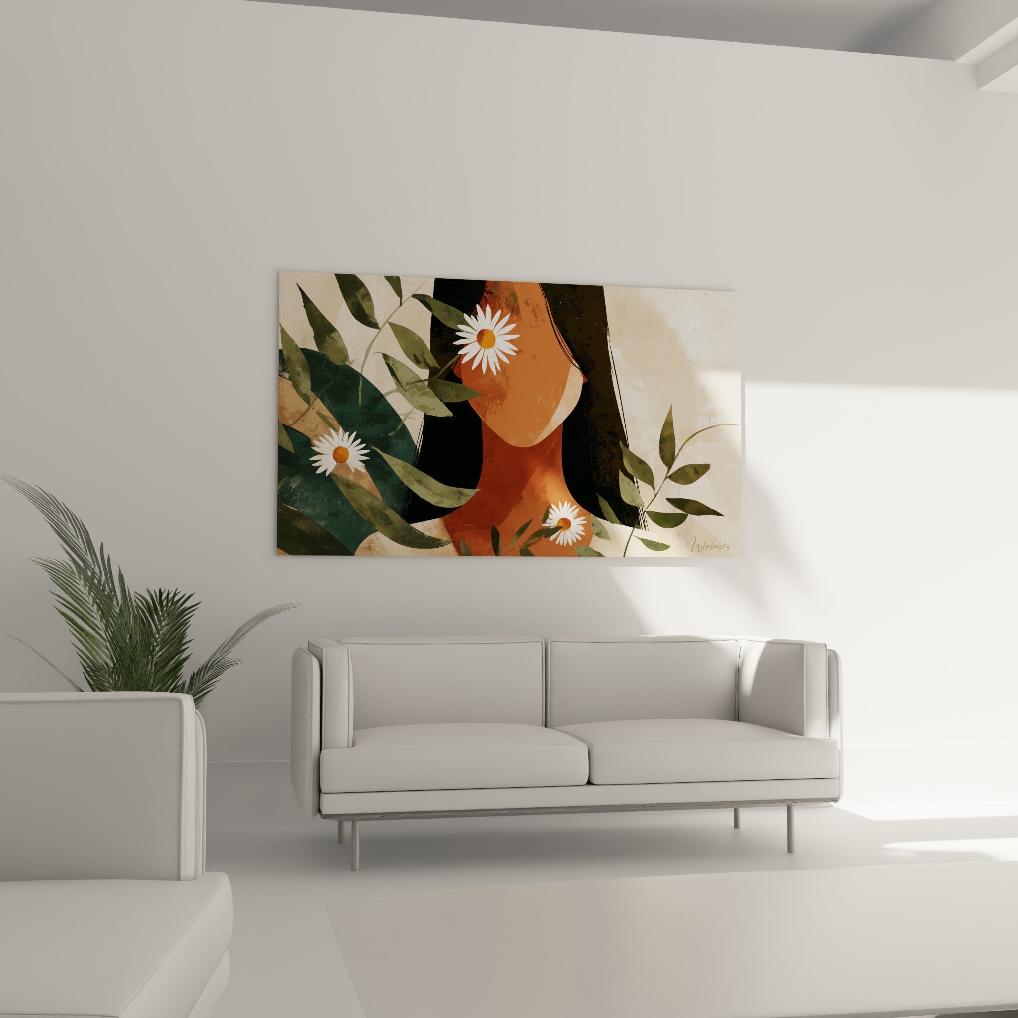 Femme stylisée terracotta et noire de Marguerite avec marguerites blanches, au-dessus d'un canapé dans un salon lumineux