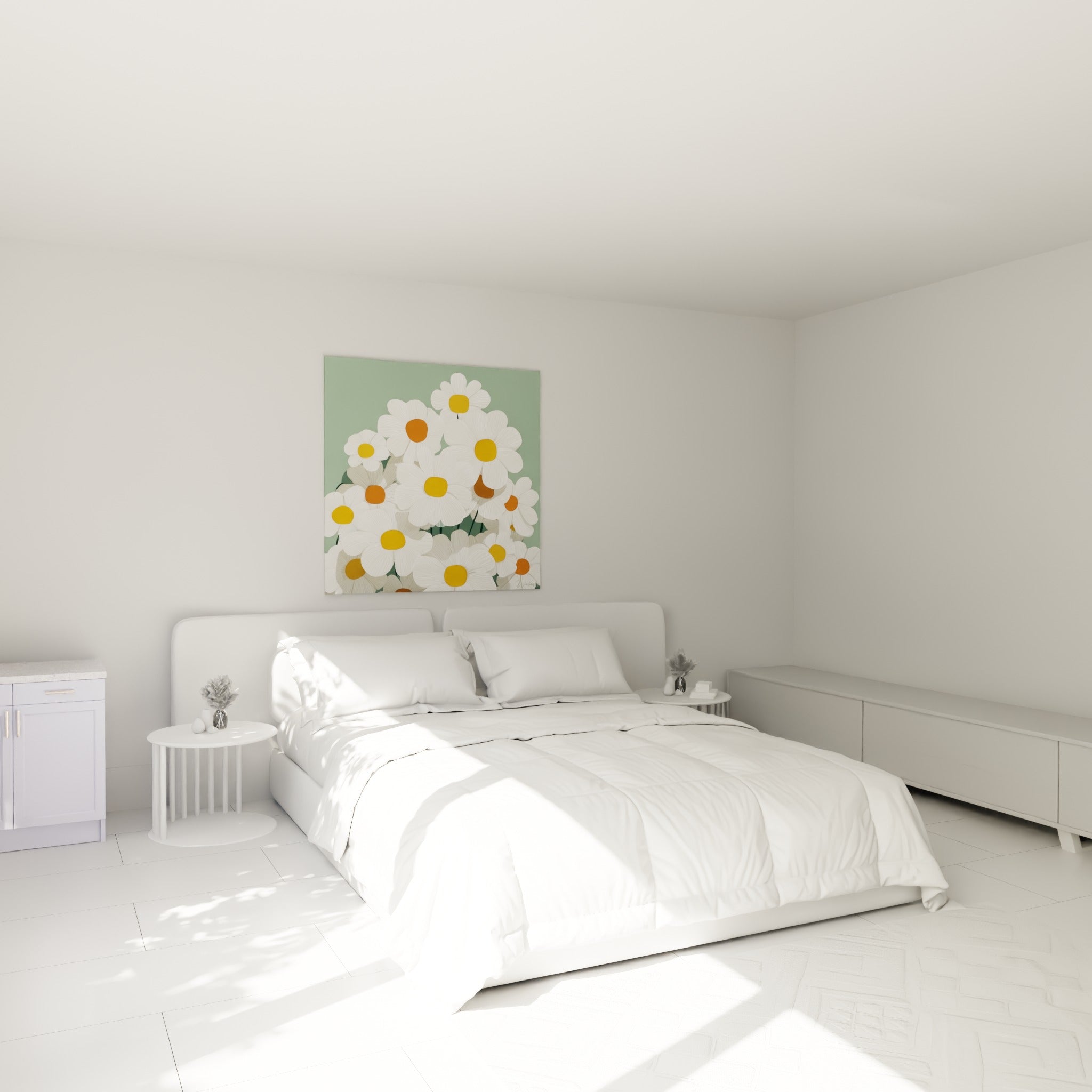 Bouquet de marguerites blanches et dorées accroché au-dessus d'un lit dans une chambre claire