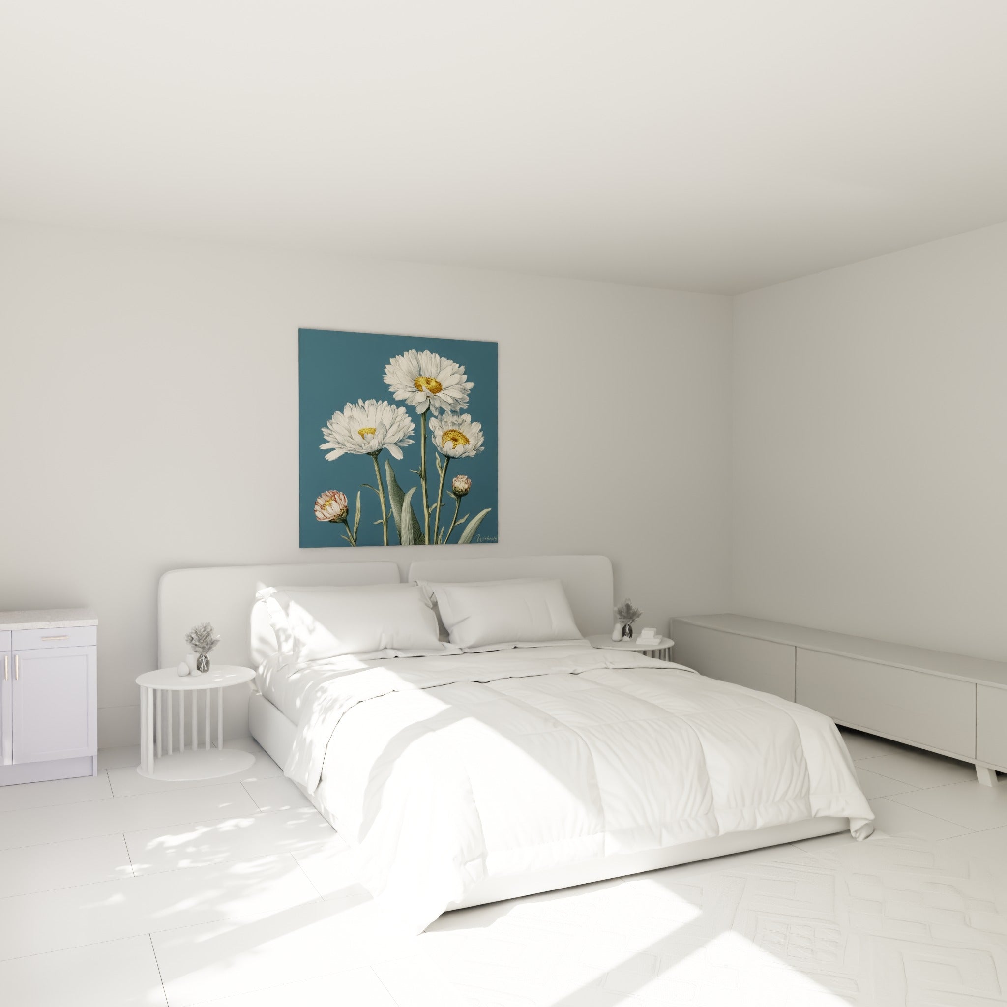 Fleurs de marguerite blanches et dorées ornent le mur au-dessus d'un lit dans une chambre claire