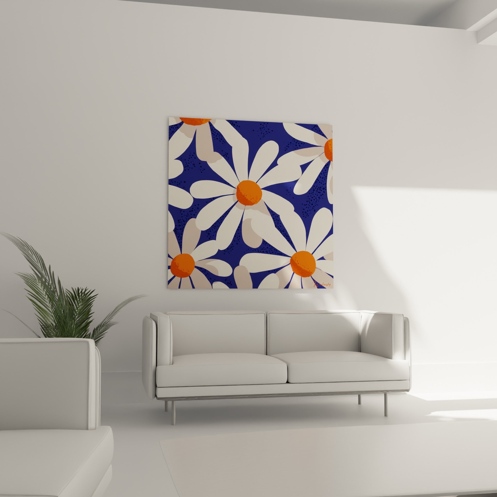 Fleurs orange et blanches illustrées de la marguerite au-dessus d'un canapé dans un salon lumineux