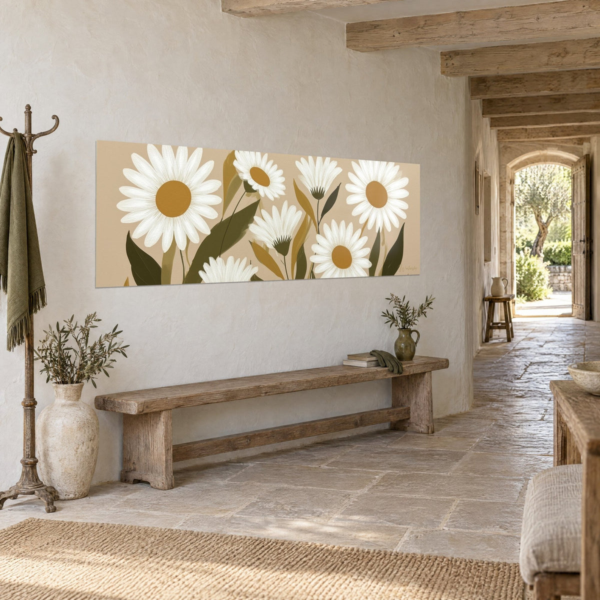 Tableau fleurs de camomille crème alignées, feuilles olive effilées, fond sable, sur un mur de pierre près d'un banc en bois