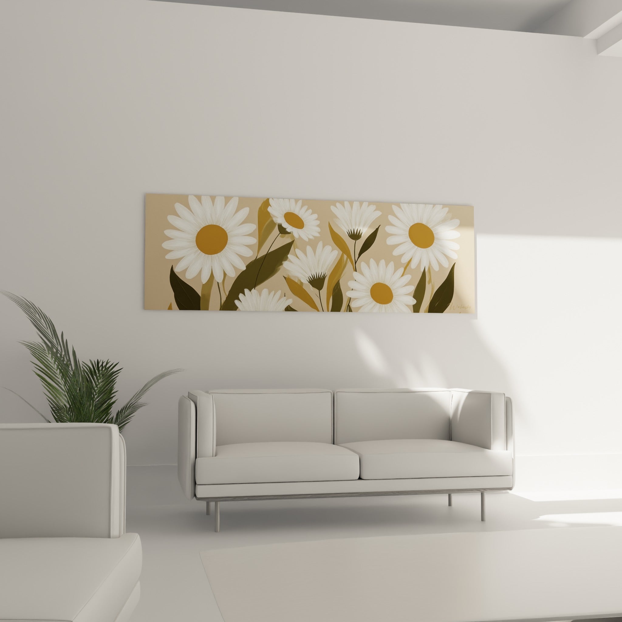 Fleurs de marguerite blanche et vert olive au-dessus d'un canapé dans un salon lumineux