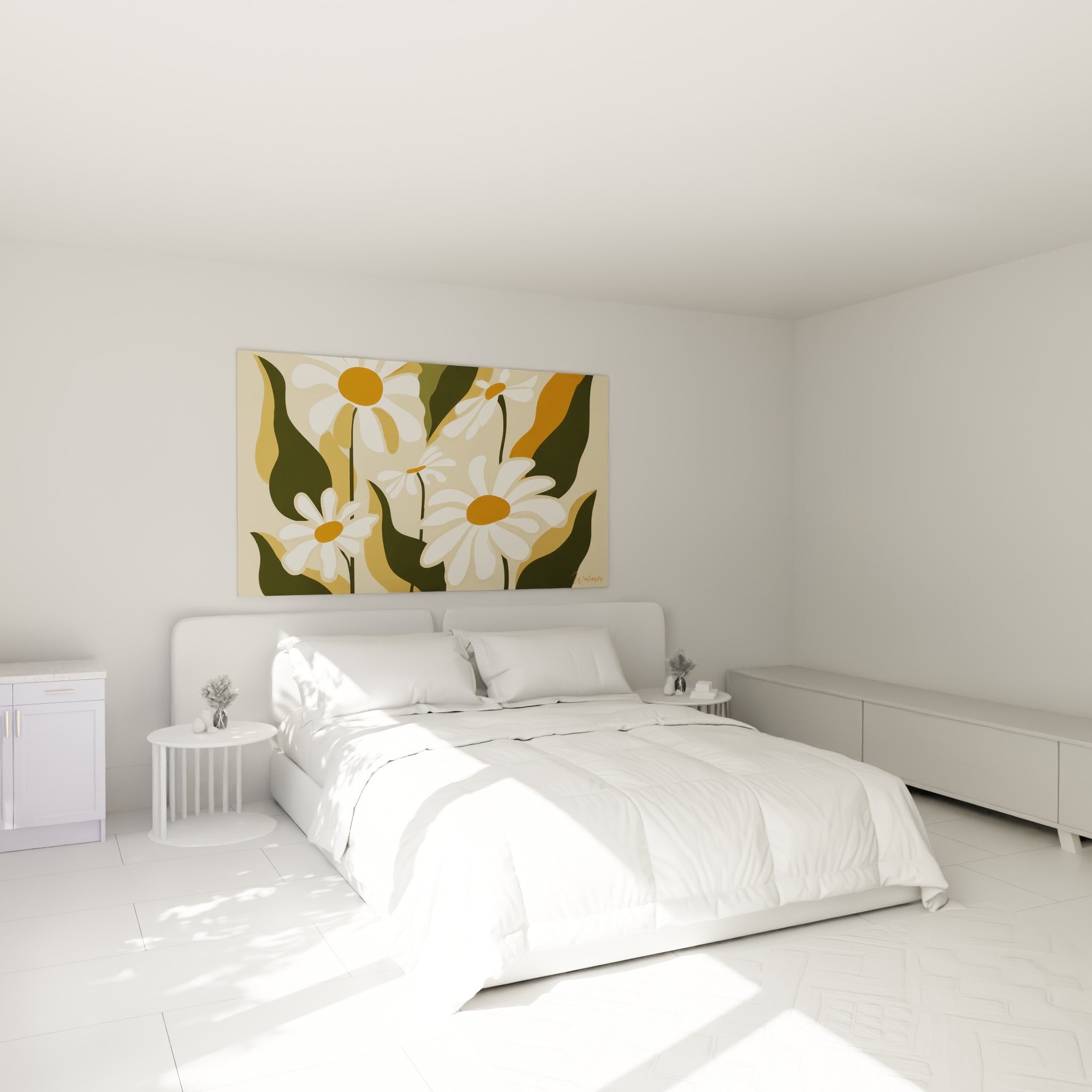 Fleurs de marguerite blanches et ocre déployées au-dessus d'un lit dans une chambre claire