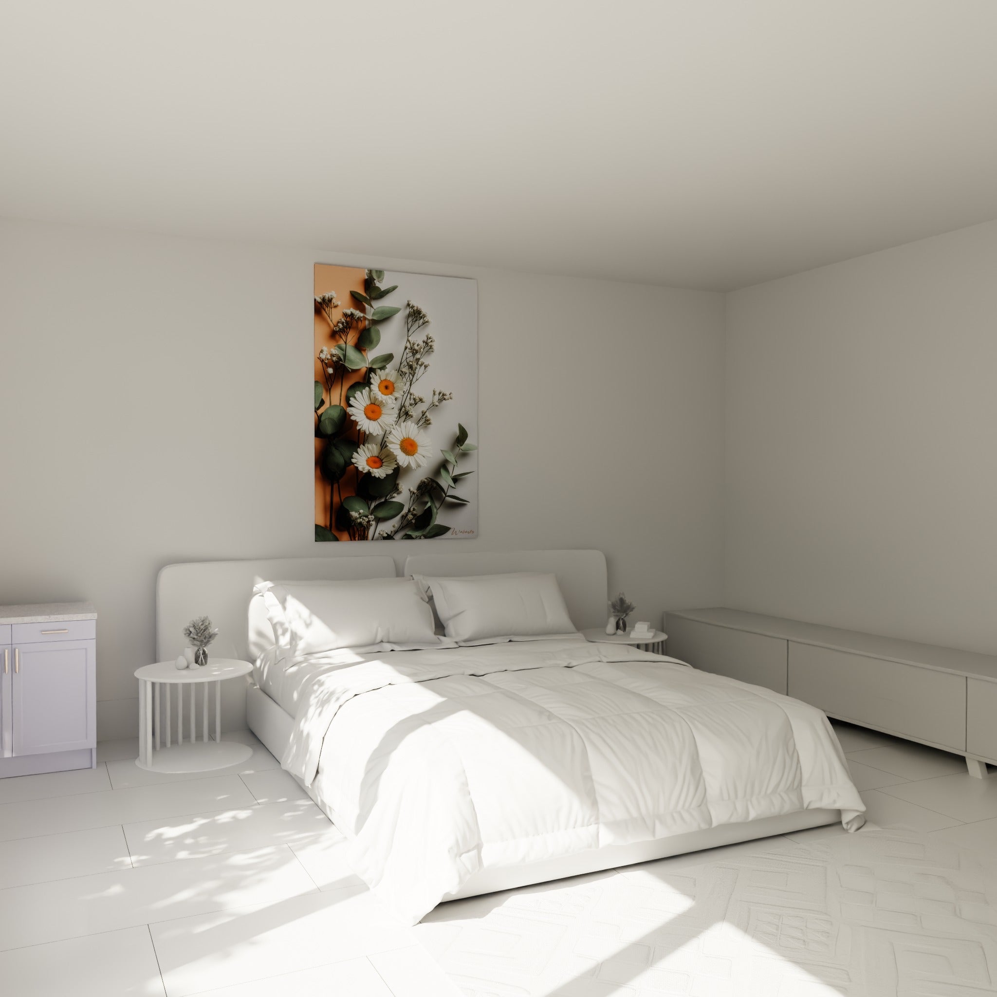 Bouquet de marguerites blanches et eucalyptus vert sauge accroché au-dessus d'un lit dans une chambre claire