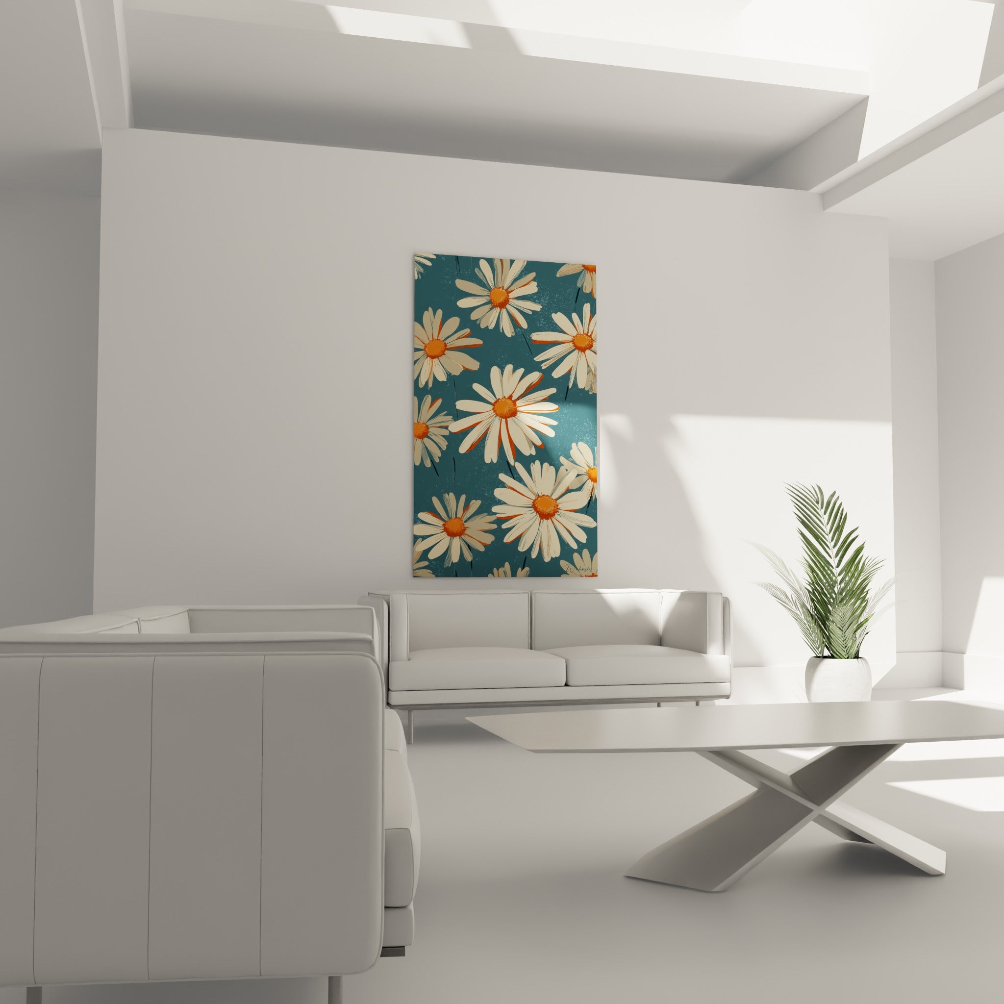 Pétales de marguerite blanc cassé et cœurs orangés positionnés au-dessus d'un canapé dans un salon lumineux