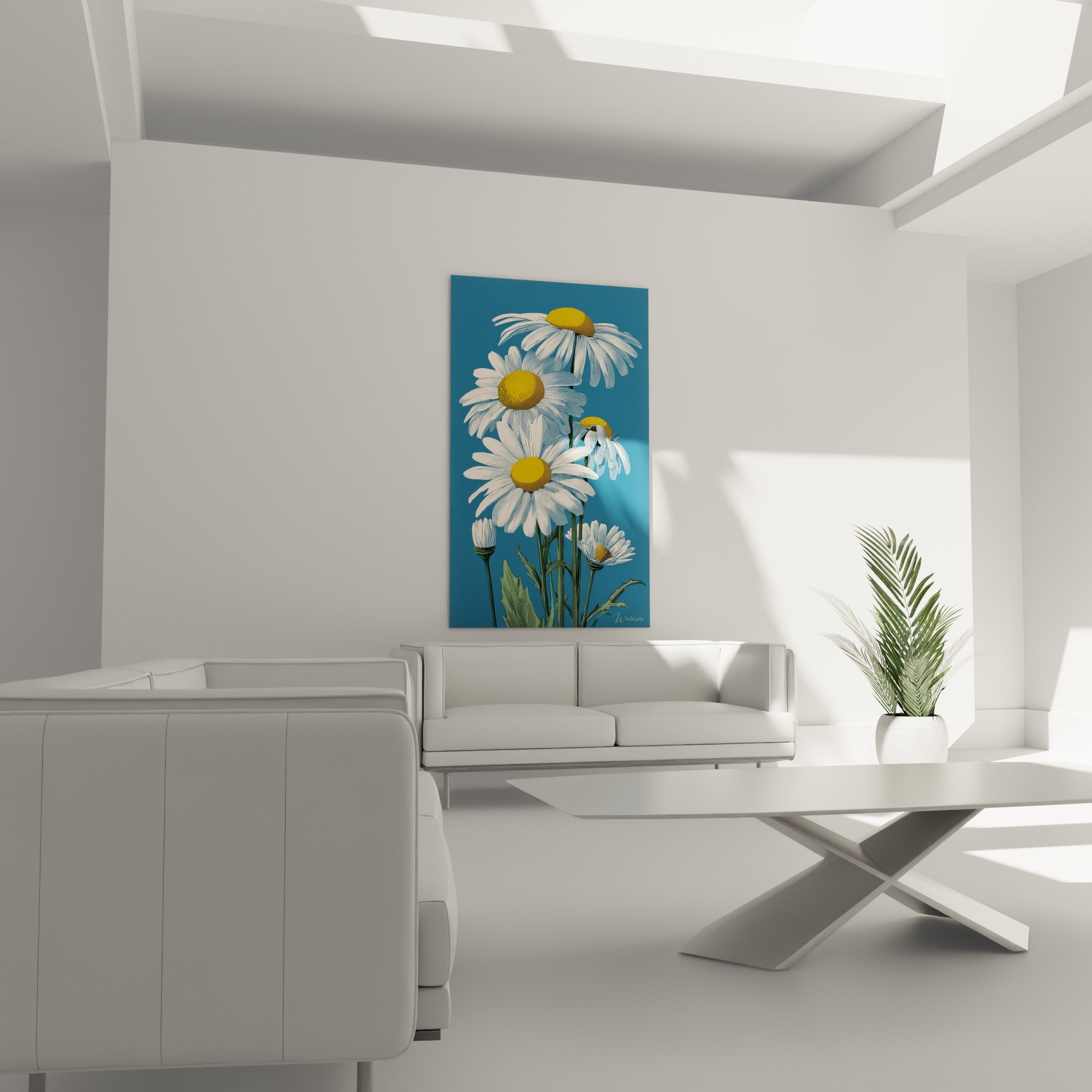 Fleurs de marguerite blanches sur fond bleu accrochées au-dessus d'un canapé dans un salon lumineux