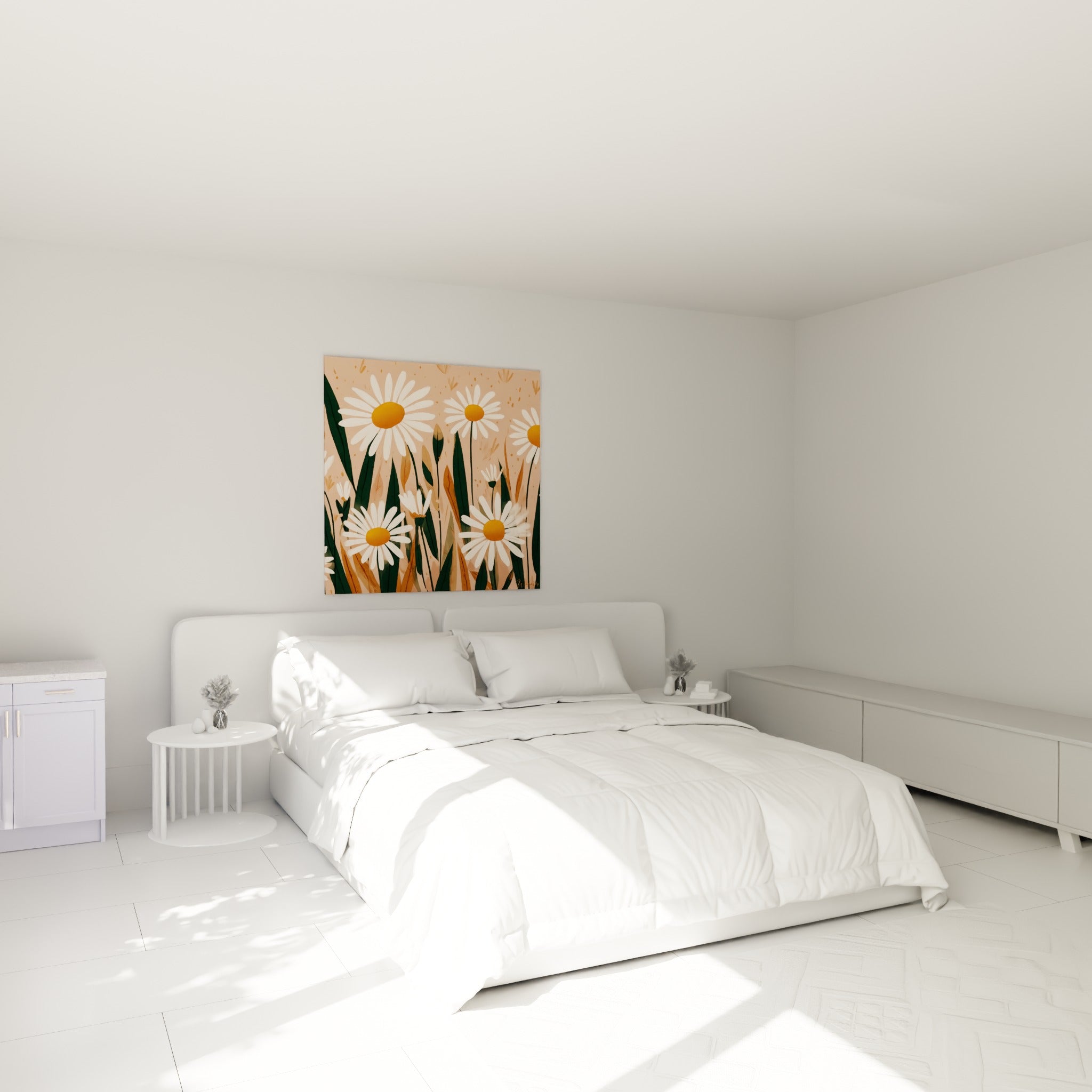 Marguerites illustrées aux pétales blancs et fond rosé, accrochées au-dessus d'un lit dans une chambre claire