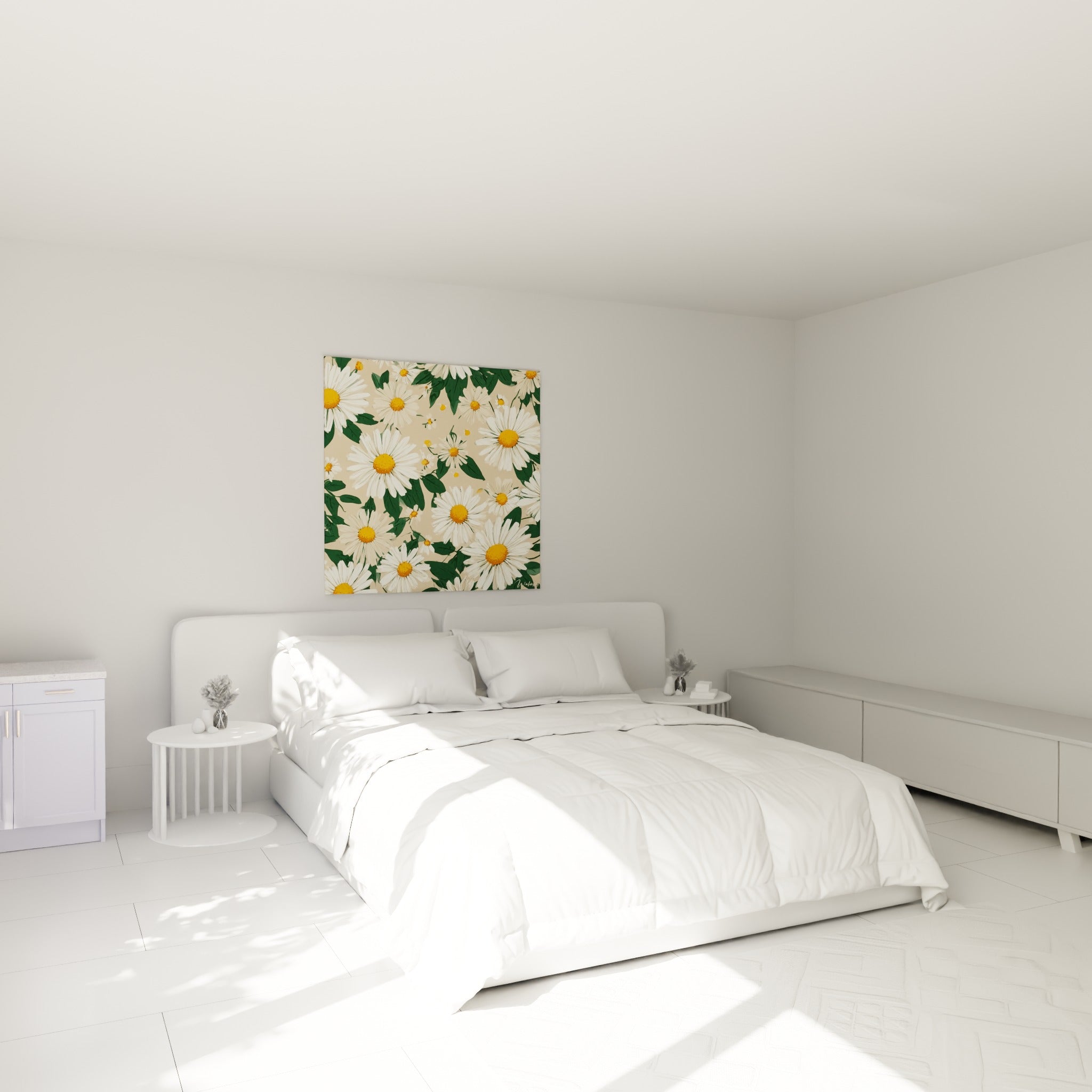 Fleurs de marguerite blanches et orangées accrochées au-dessus d'un lit dans une chambre claire