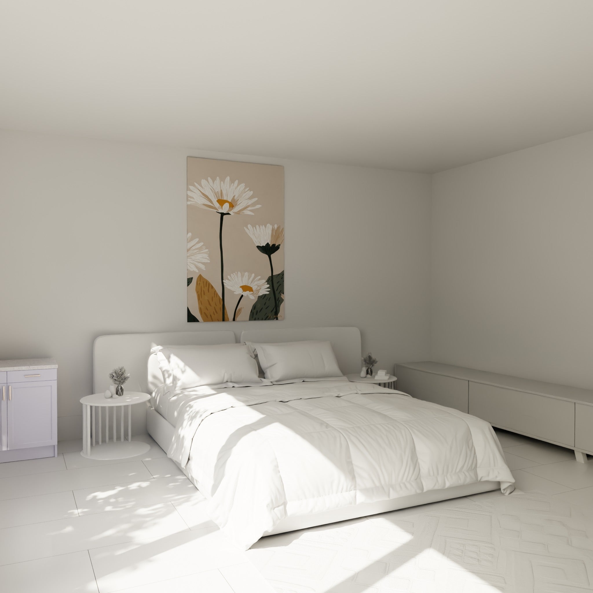 Fleurs blanches et dorées de Marguerite au-dessus d'un lit dans une chambre claire