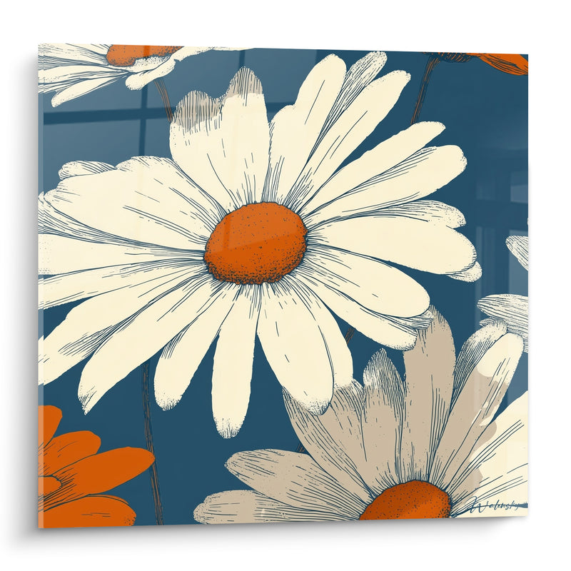 Tableau Marguerite crème et bleu nuit contours dessinés - Gros plan floral vectoriel - Edition Marguerite