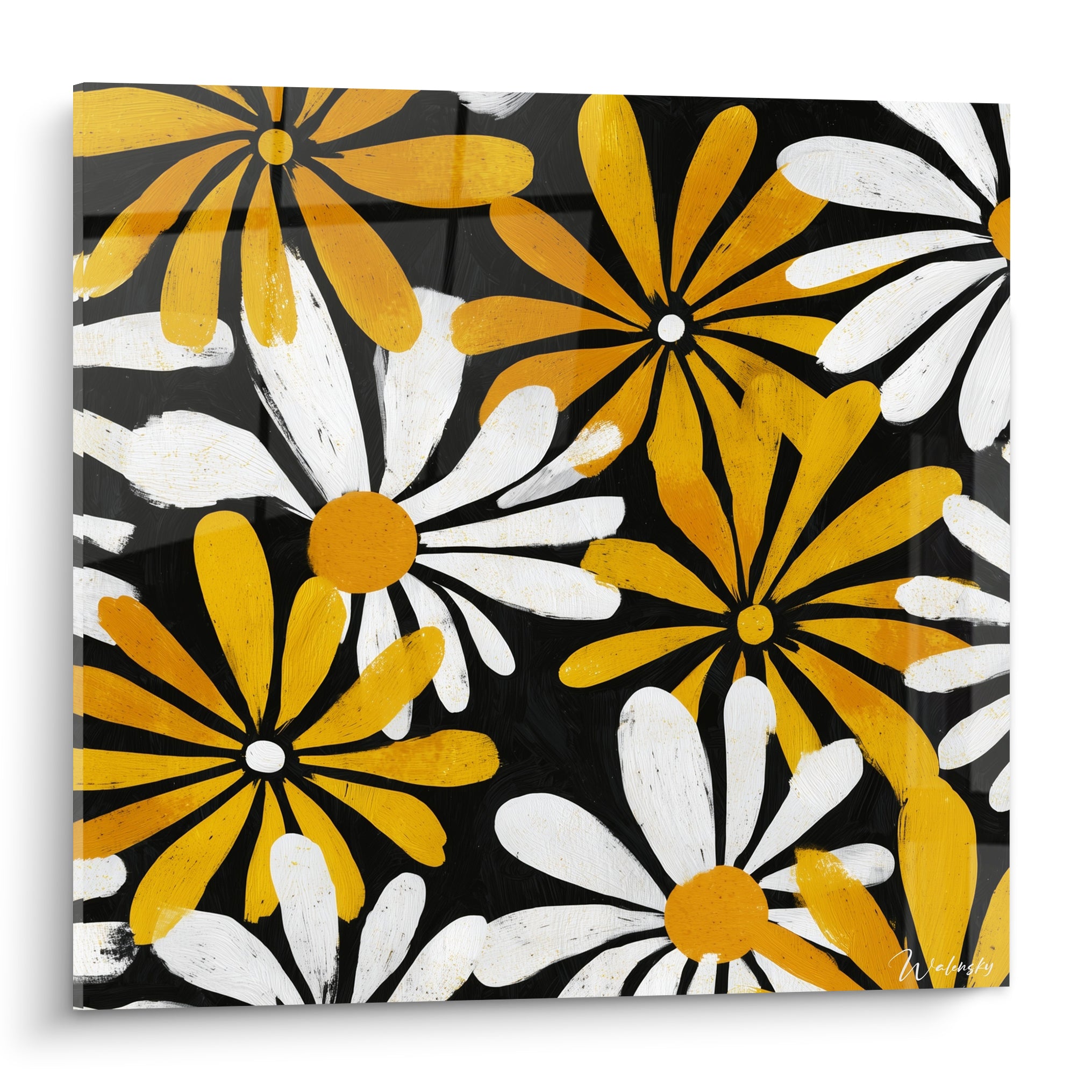 Marguerites jaunes et blanches aux pétales larges peintes sur fond noir profond