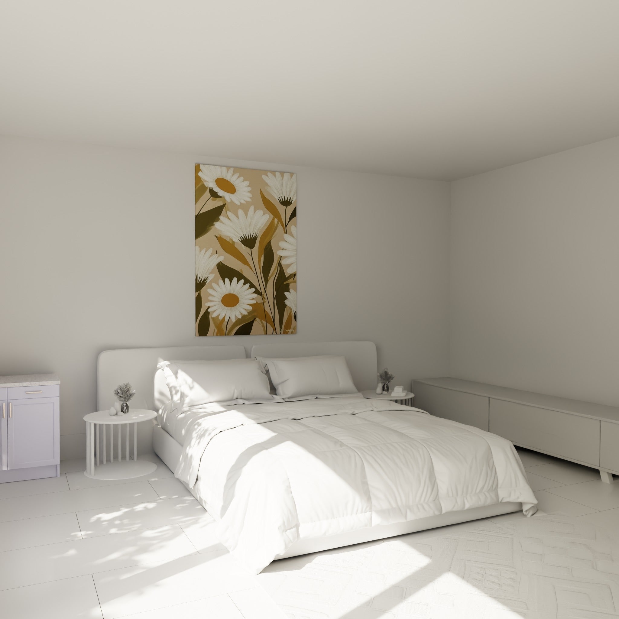 Bouquet de marguerites blanches et feuillage kaki au-dessus d'un lit dans une chambre claire