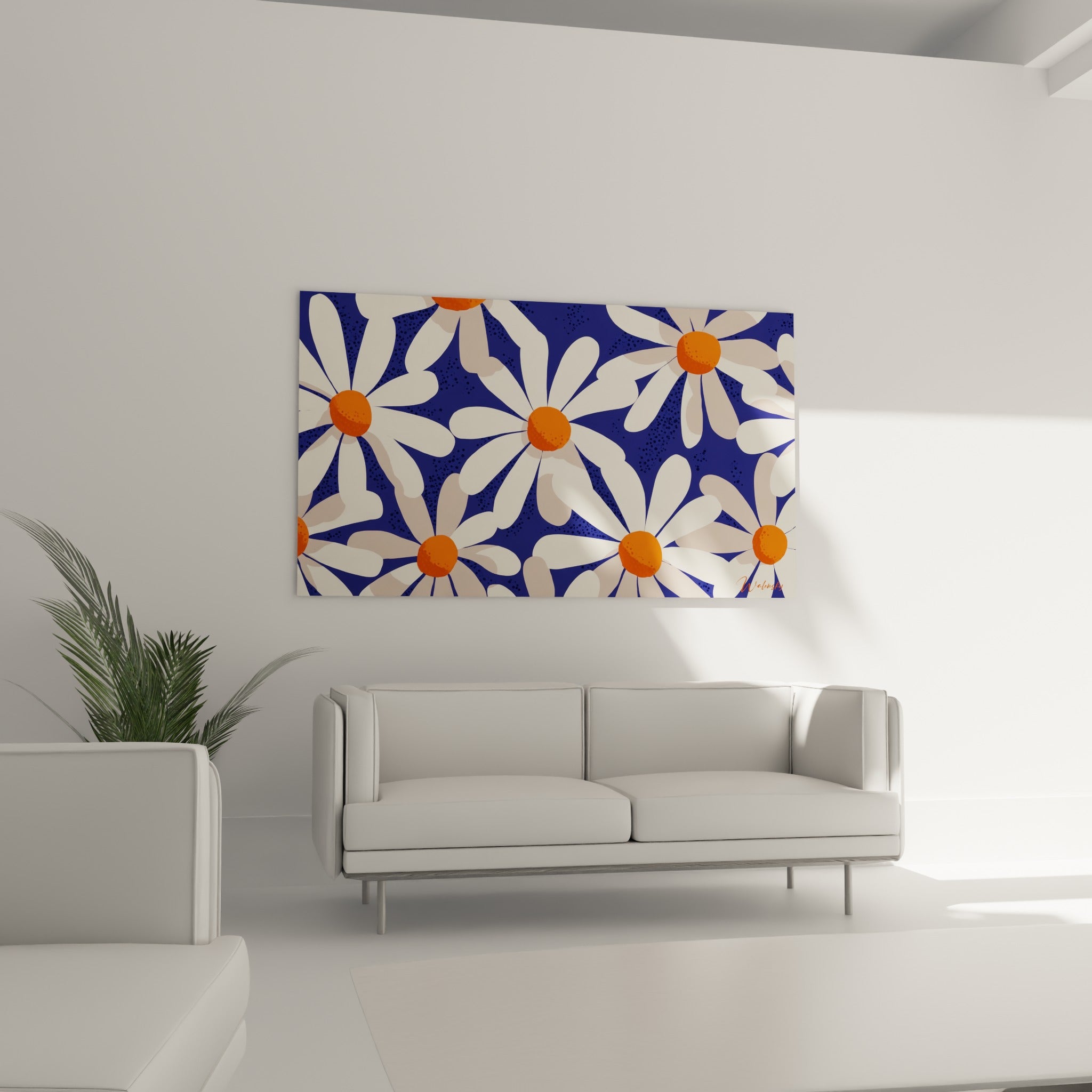 Motif floral bleu marine et orange se déploie au-dessus d'un canapé dans un salon lumineux