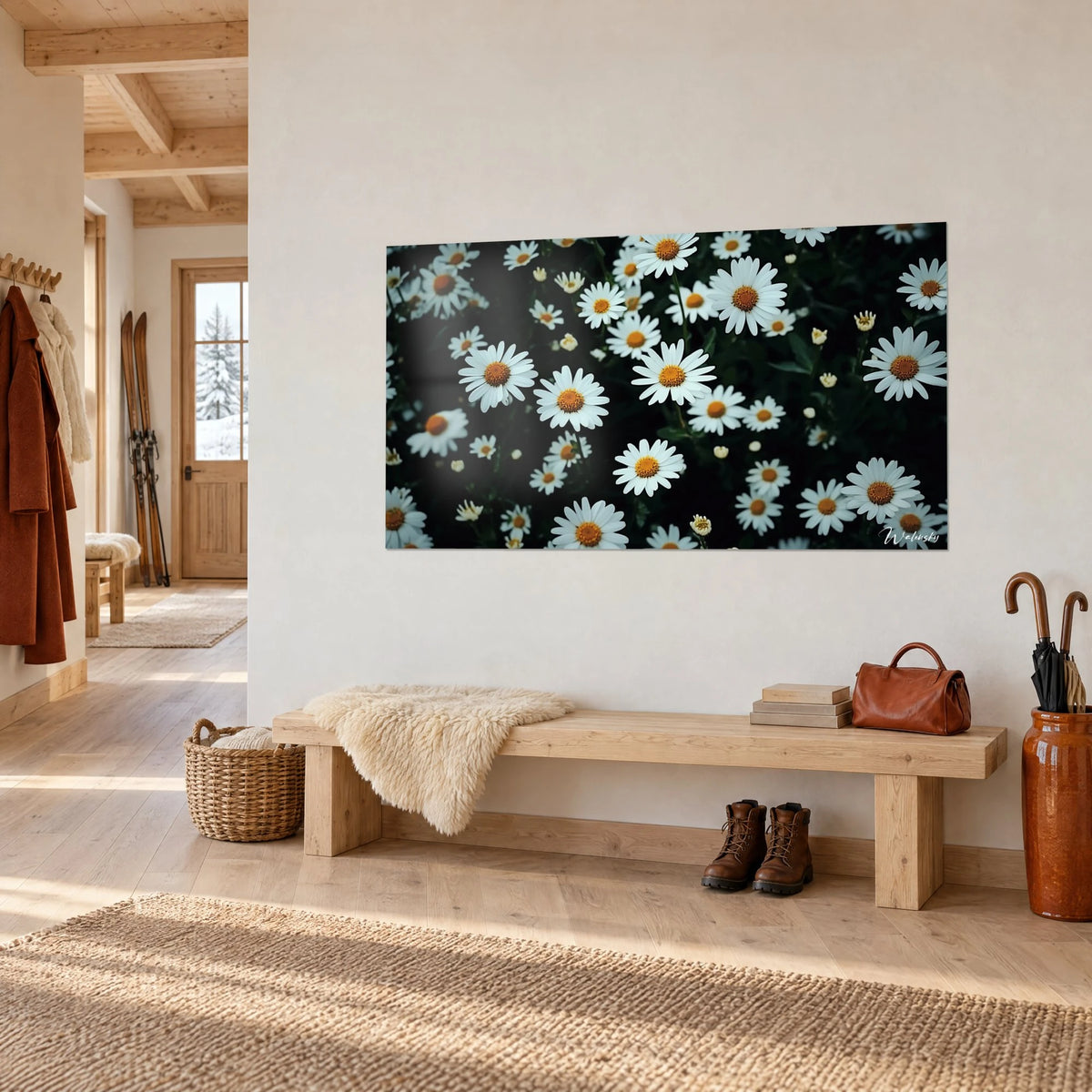 Wall art bouquet of daisies with ivory petals and saffron stamens, on a light wall beside a wooden bench