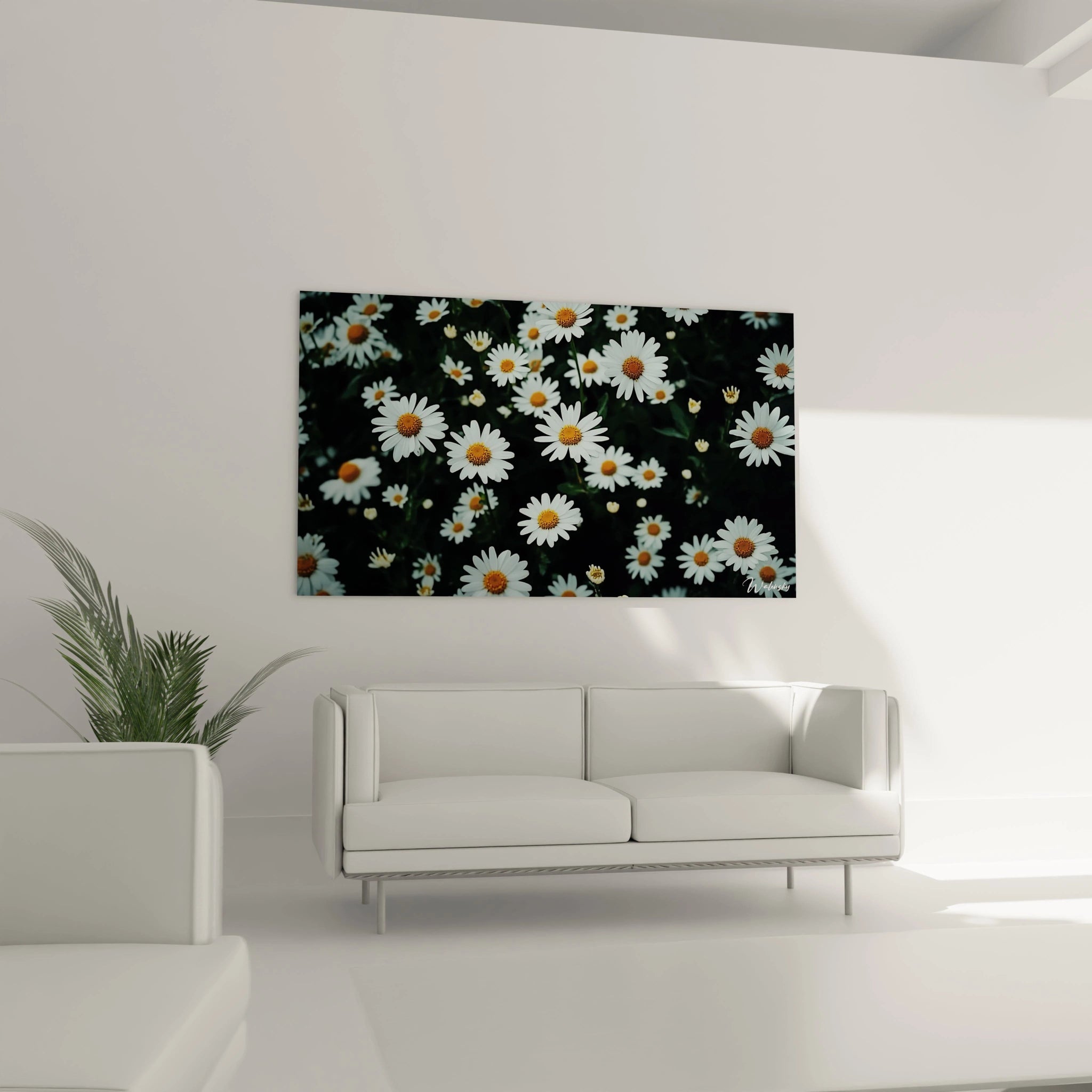Un tableau marguerite nature composé de fleurs aux pétales blancs et centres jaunes, sur un fond verdoyant, avec une texture détaillée au premier plan et un flou progressif vers l’arrière-plan.

