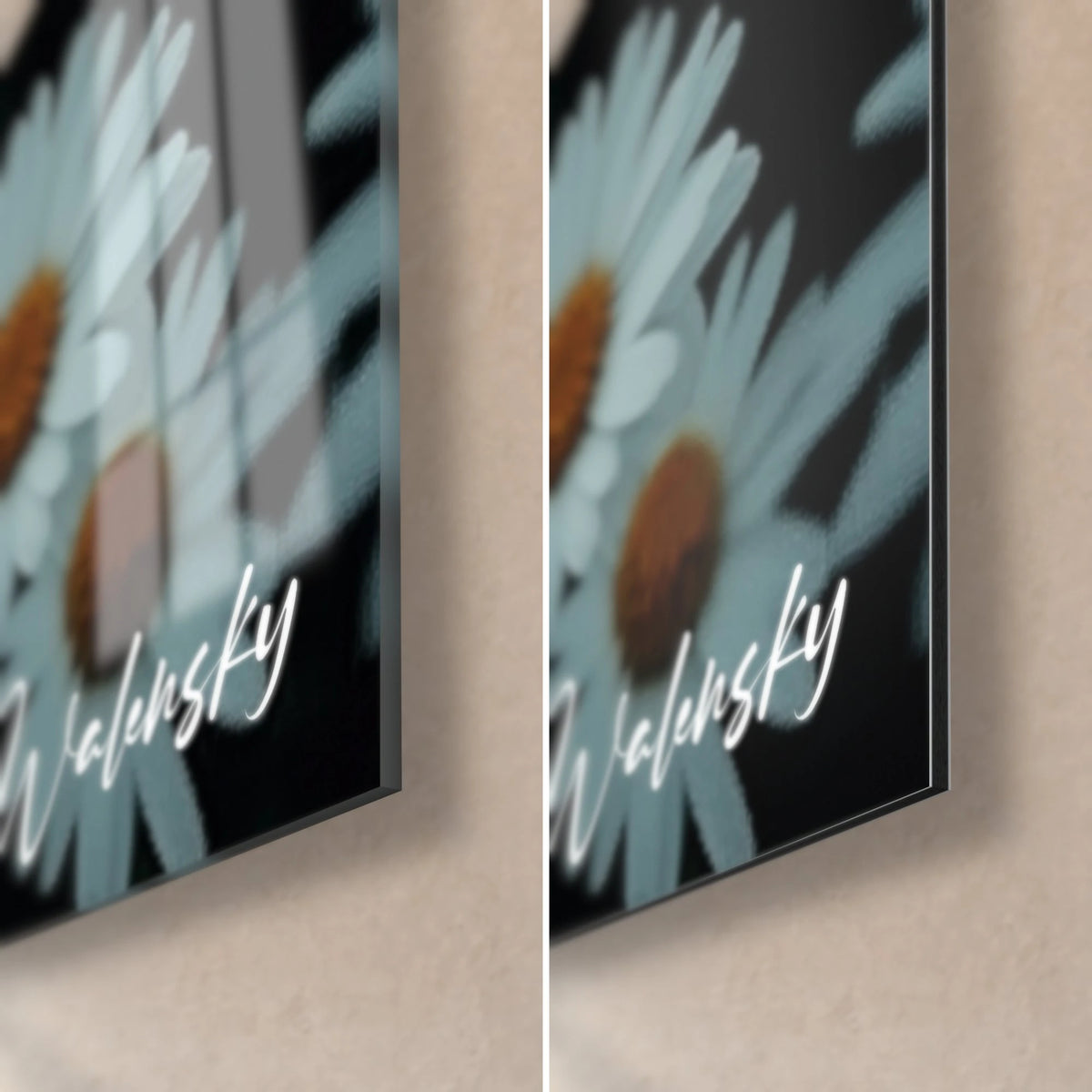 Wall art white chamomile flowers with orange centers, bottom right corner: glossy glass on the left, matte black Dibond on the right
