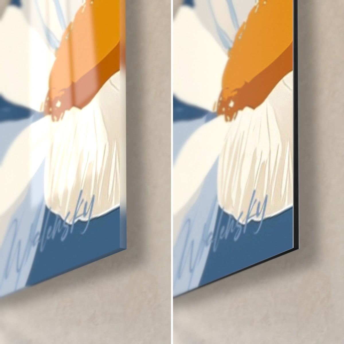 Tableau pâquerettes crème et bleu, coin bas droit : verre brillant à gauche, Dibond mat à droite, tranche 3 mm
