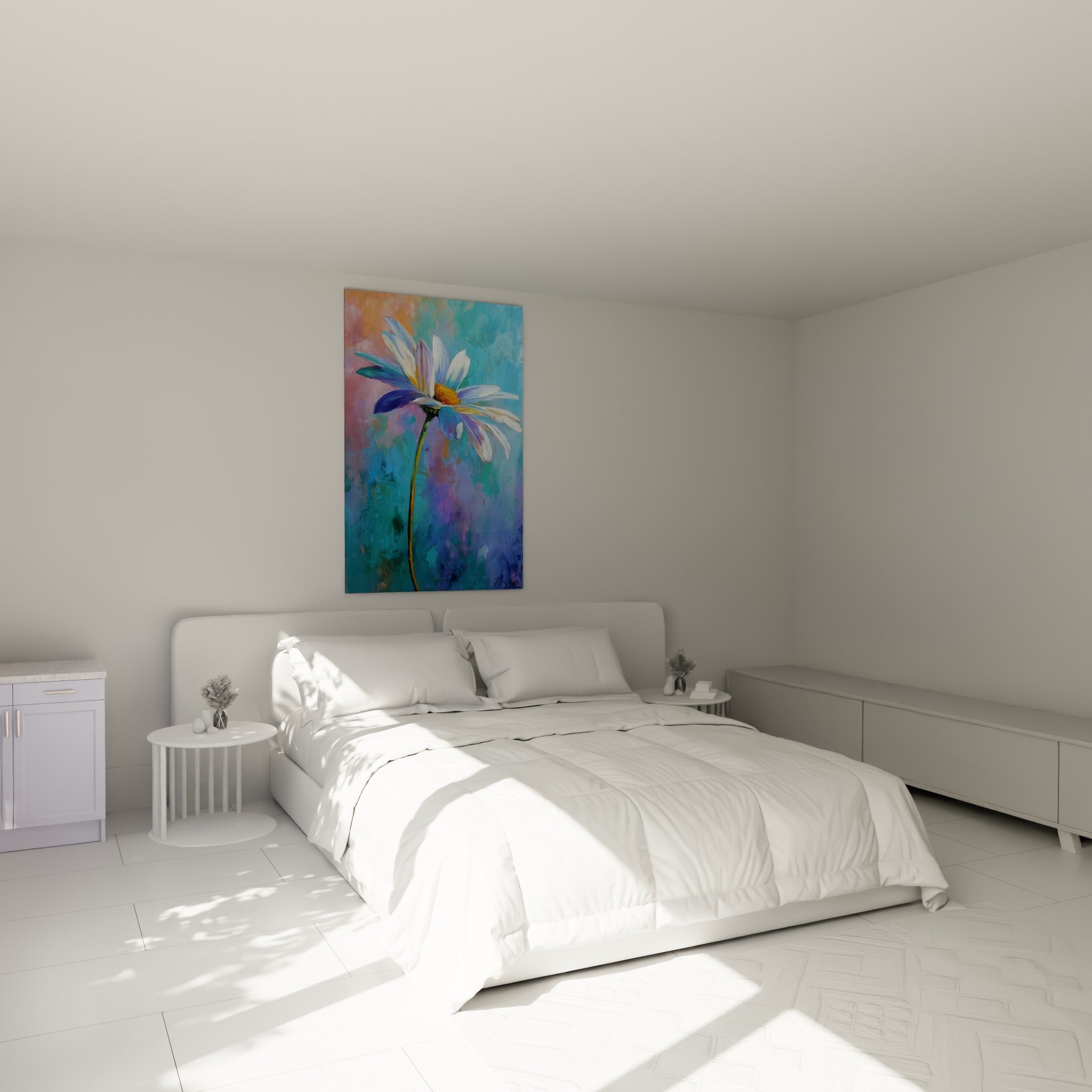 Fleur solitaire aux tons ocre et bleu turquoise accrochée au-dessus d'un lit dans une chambre claire