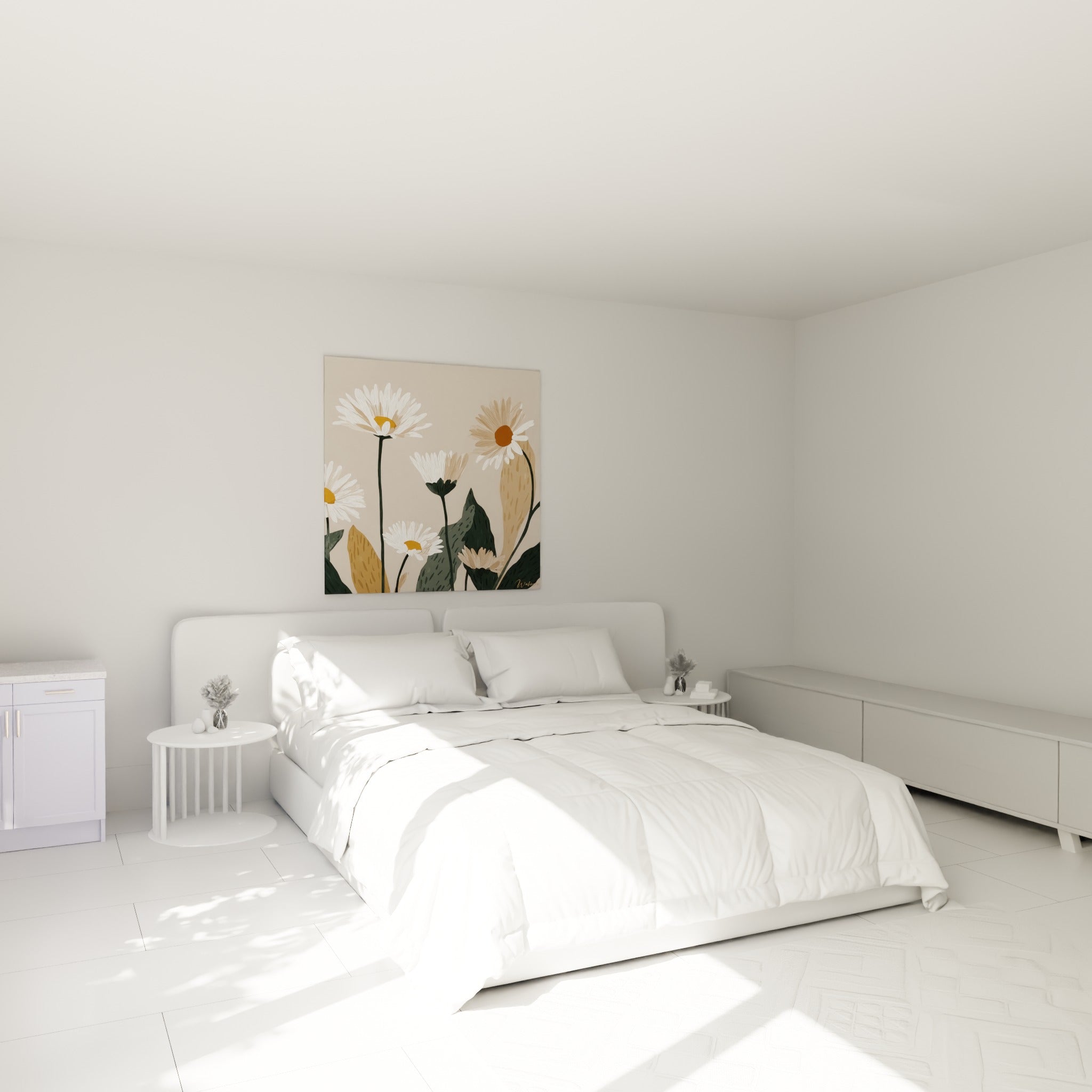 Bouquet de marguerites blanches et beige, feuillage anthracite, au-dessus d'un lit dans une chambre claire