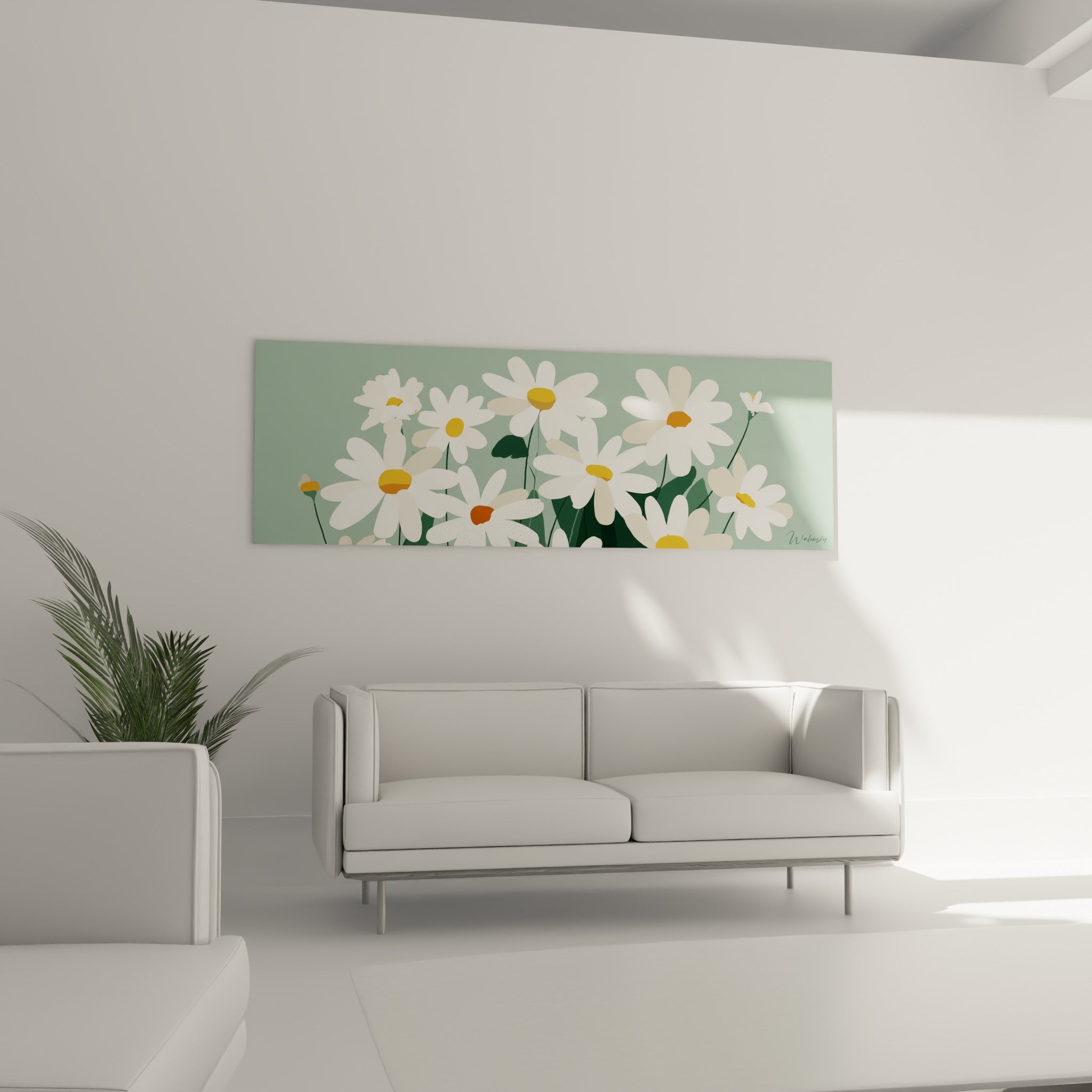 Fleurs de marguerite blanches et ocre au-dessus d'un canapé dans un salon lumineux