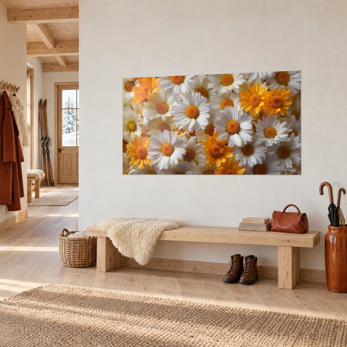 Schilderij veld van dichte bloemen, ivoorkleurige blaadjes en zonnig gele kelken, hangend boven een bank van licht hout in het chalet