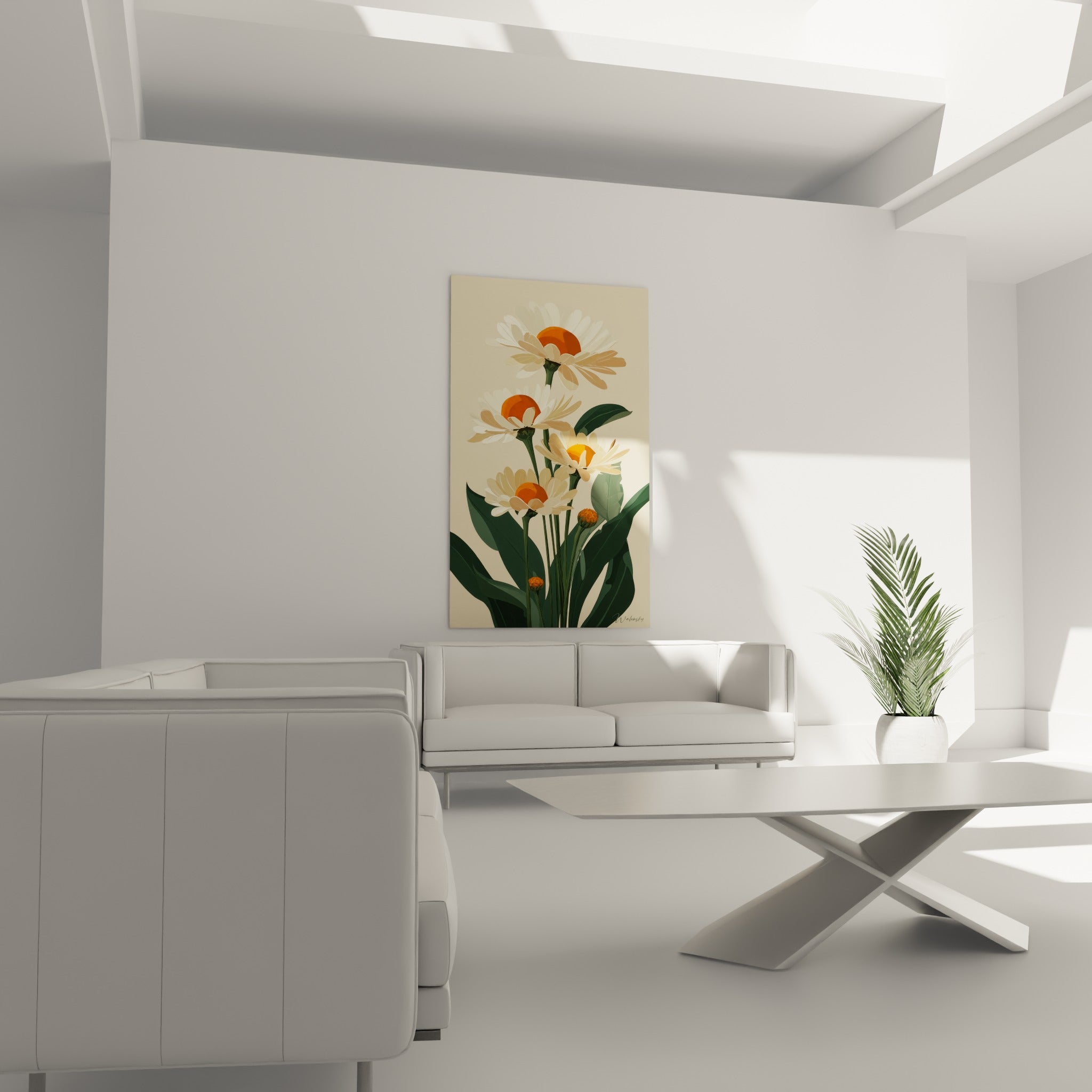 Fleurs de marguerite crème et orange vif au-dessus d'un canapé dans un salon lumineux