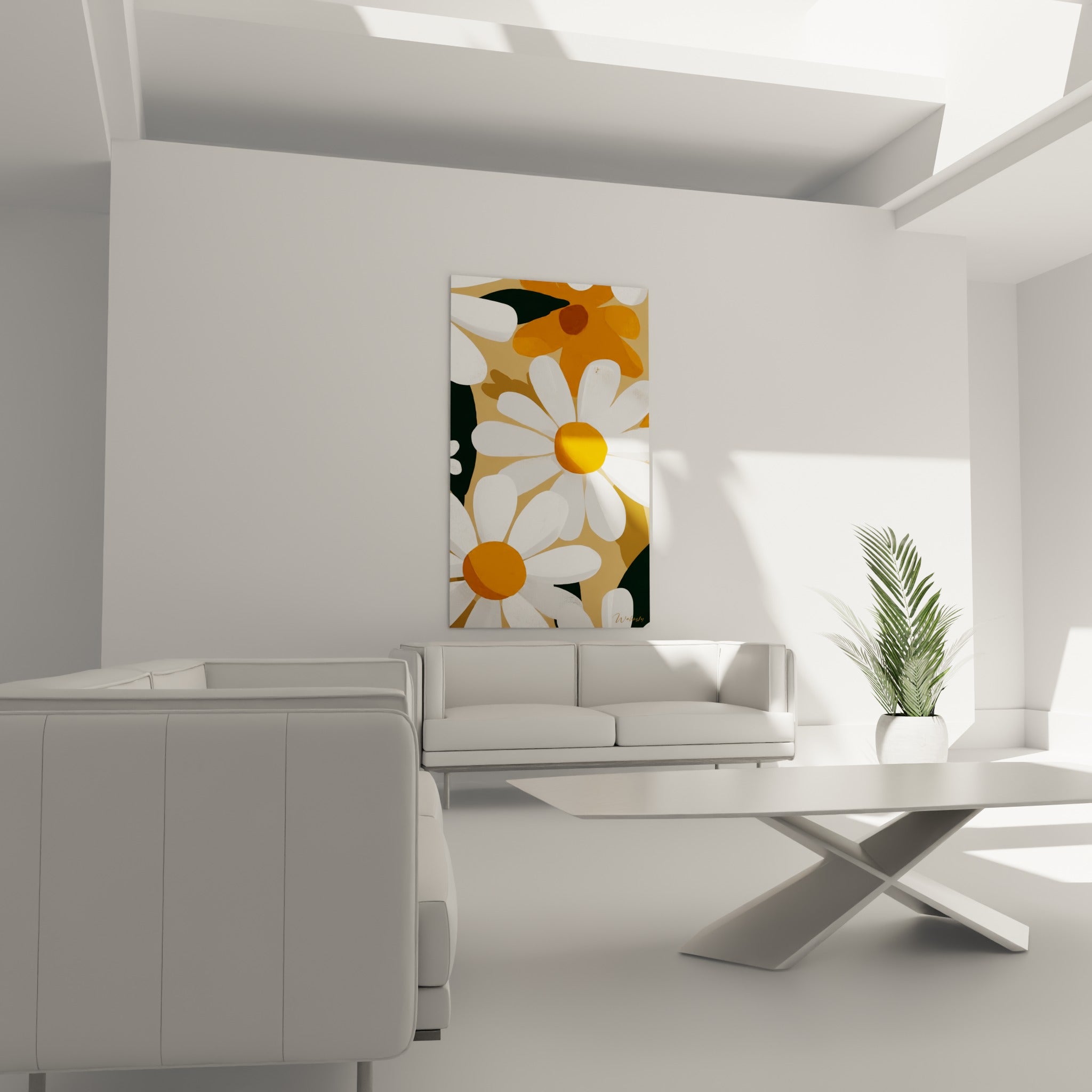 Fleurs de marguerite blanches et orange vif au-dessus d'un canapé dans un salon lumineux