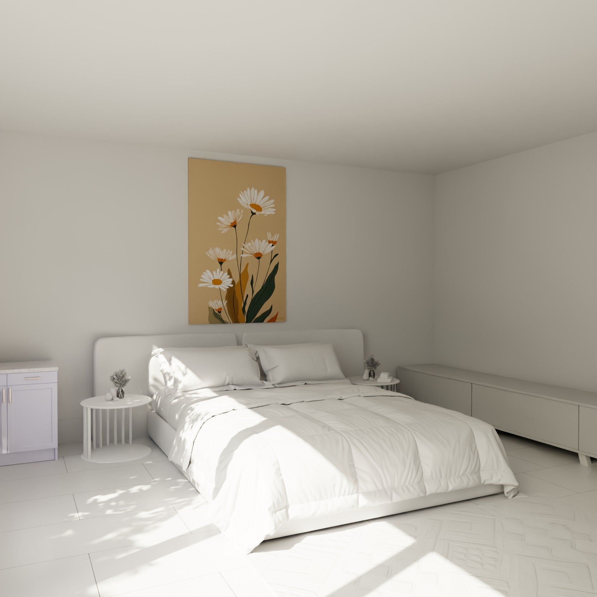 Bouquet de marguerites blanches et orangées accroché au-dessus d'un lit dans une chambre claire