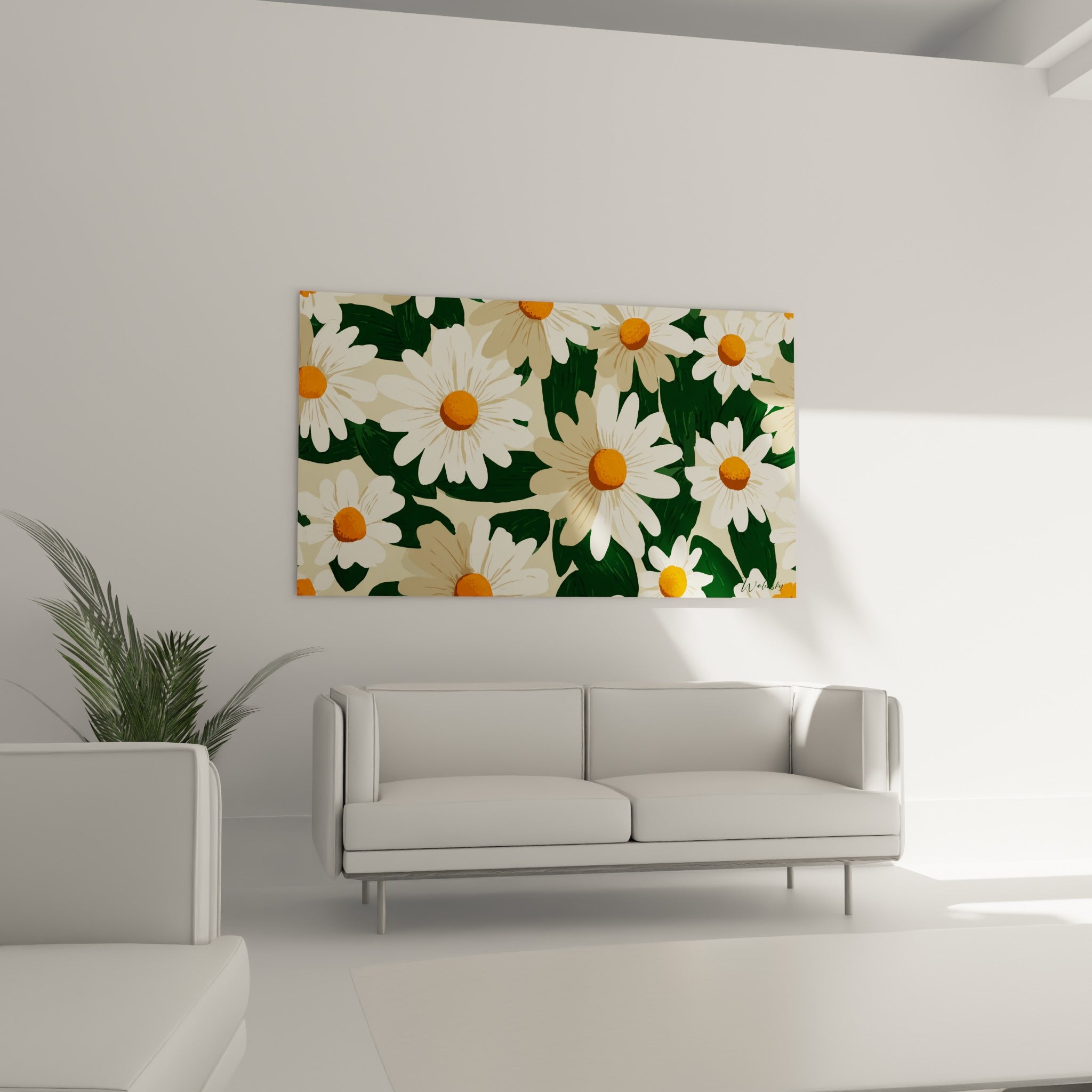 Fleurs de marguerite blanches et cœurs orangés au-dessus d'un canapé dans un salon lumineux.