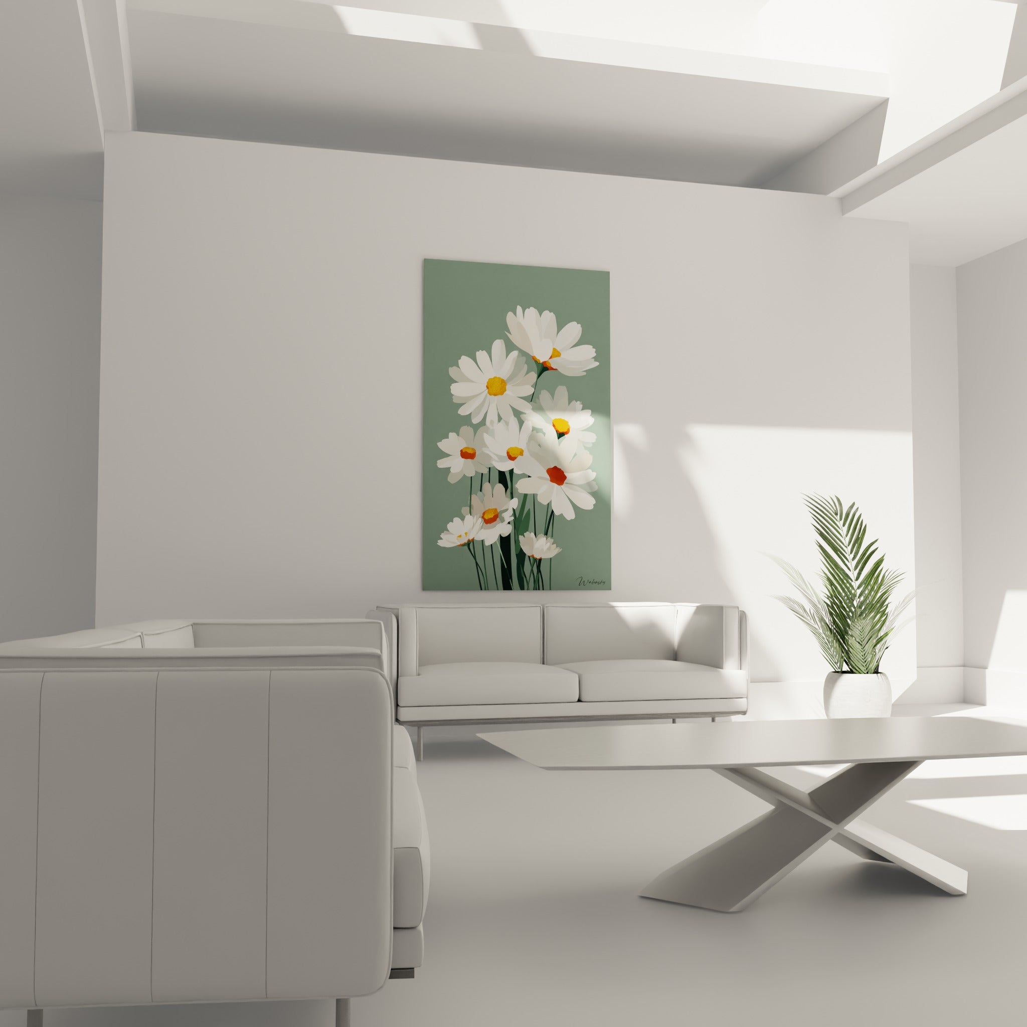 Marguerites blanches aux tiges vert foncé disposées au-dessus d'un canapé dans un salon lumineux