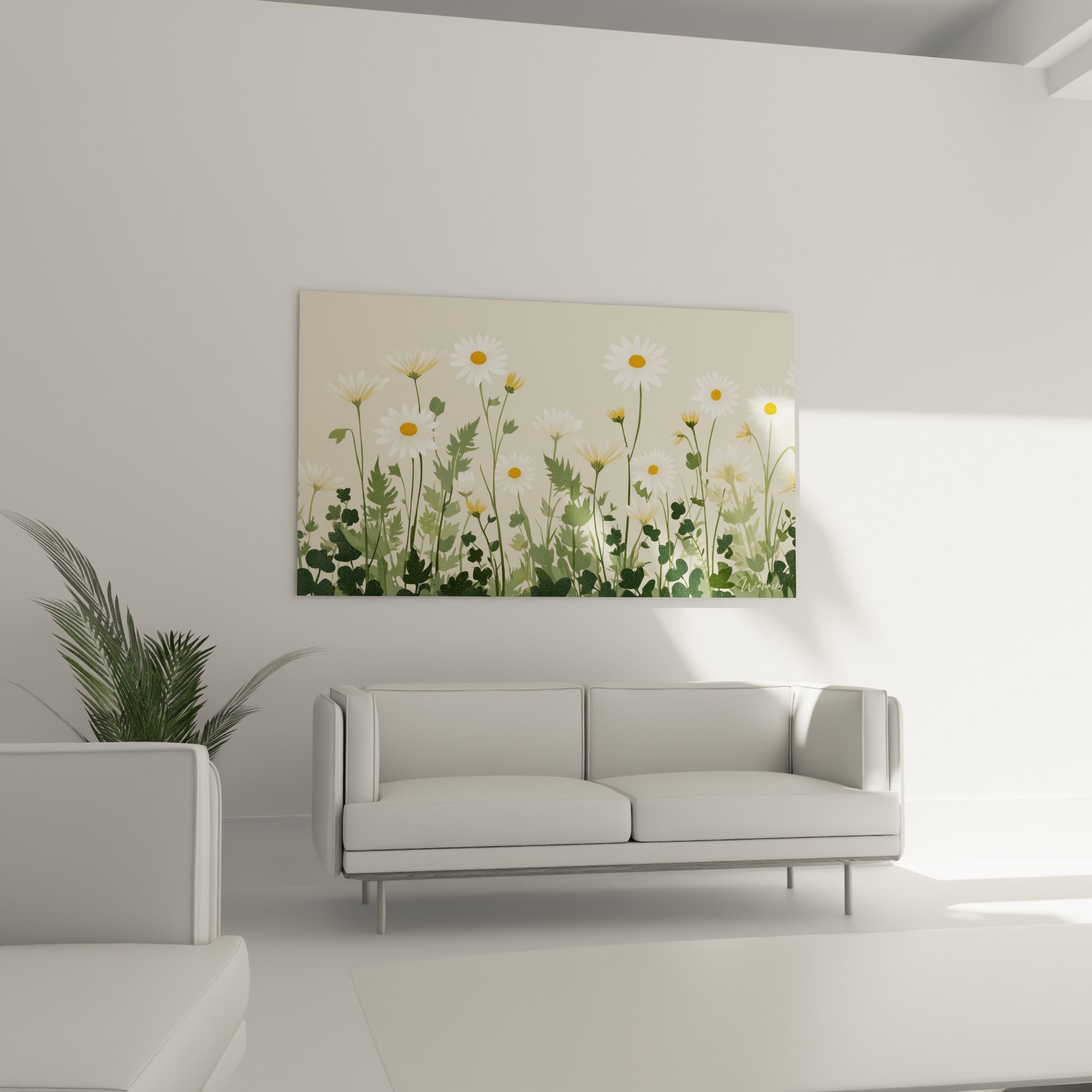 Fleurs blanches et tiges vertes de la toile marguerite au-dessus d'un canapé dans un salon lumineux