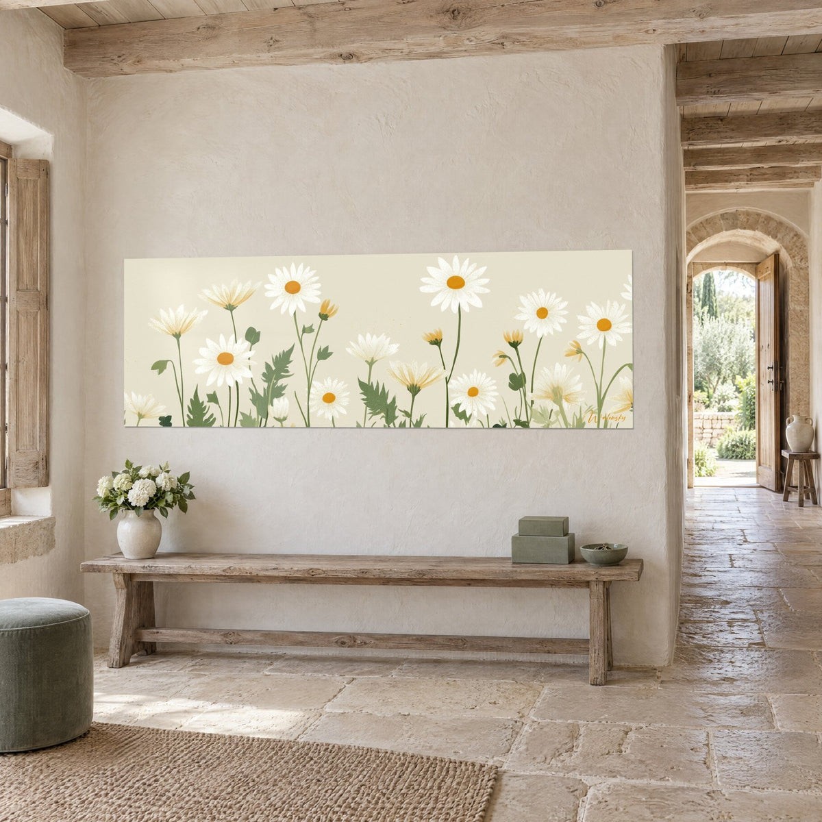 Wall art wildflower field as a frieze, ivory petals and sage green foliage, stone wall, wooden bench, three-quarter view