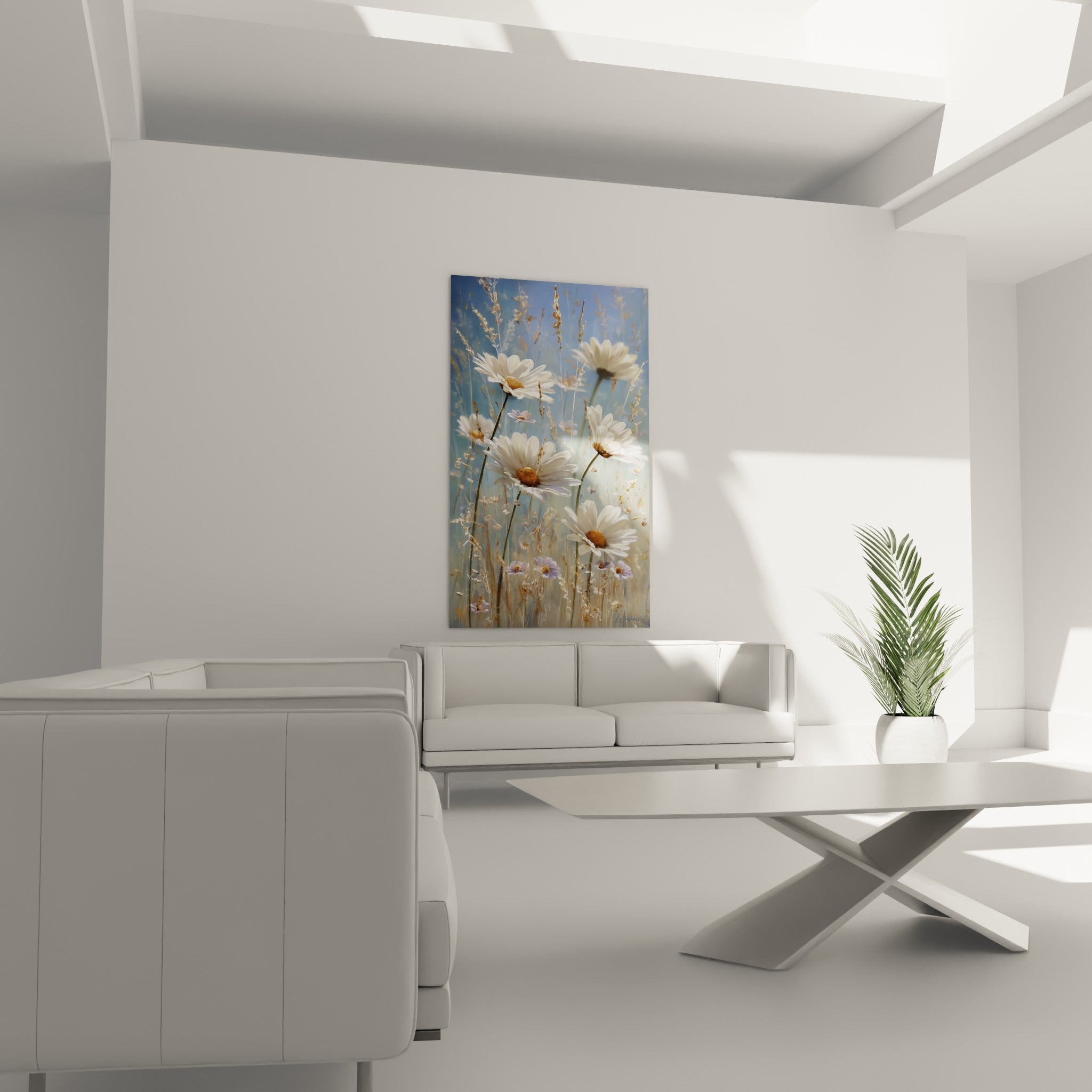Fleurs de marguerite blanches et dorées au-dessus d'un canapé dans un salon lumineux
