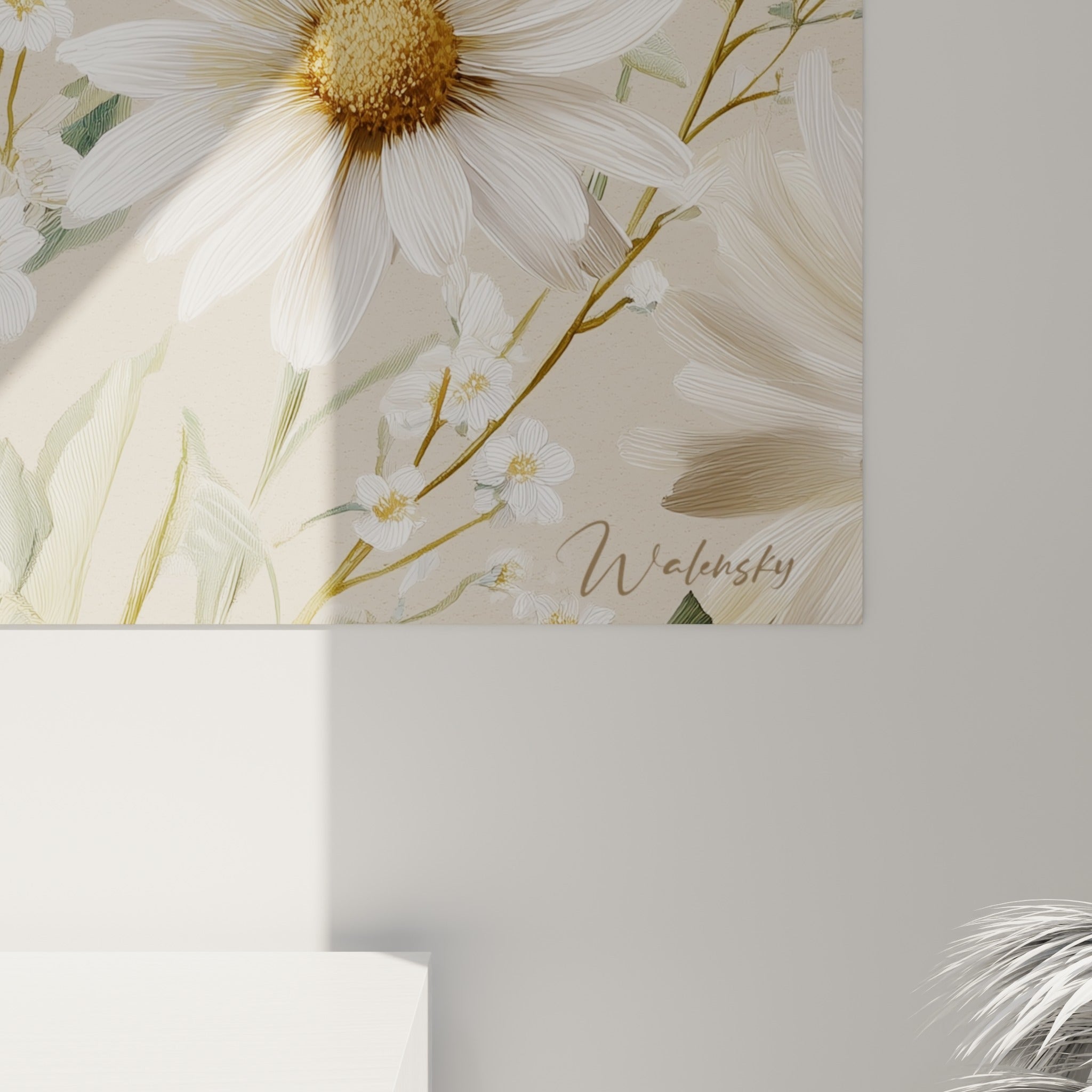 Pétales fins et cœur doré d'une marguerite révélant le grain délicat de l'impression